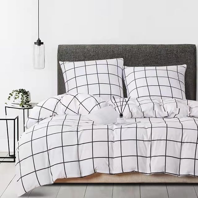 NORCH Grid Duvet Cover Set Double Checkered Bedding Set Black and White Soft Quilt Cover with Pillow Cases