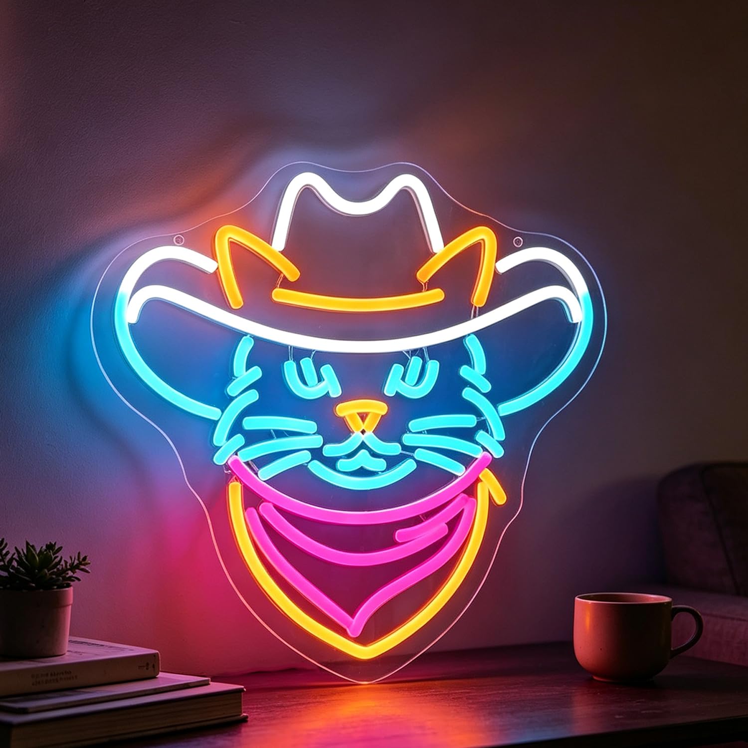 Cowboy Cat Neon Sign LED Neon Animal Sign Light Up for Wall Decor, Dimmable USB Powered Neon Light for Man Cave Party Pet Shop Bedroom Birthday Game Girl Boys Room Gifts 11.81”x11.81”