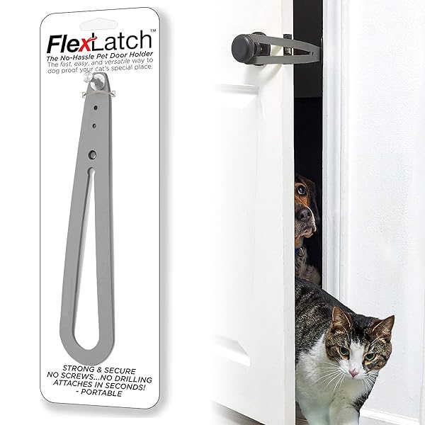FlexLatch Cat Door Holder Latch - Gray Cat Door Alternative, Flex Latch Strap Let's Cats in and Keeps Dogs Out of Litter and Food Safe Baby Proof One Piece No Measuring Extra Easy