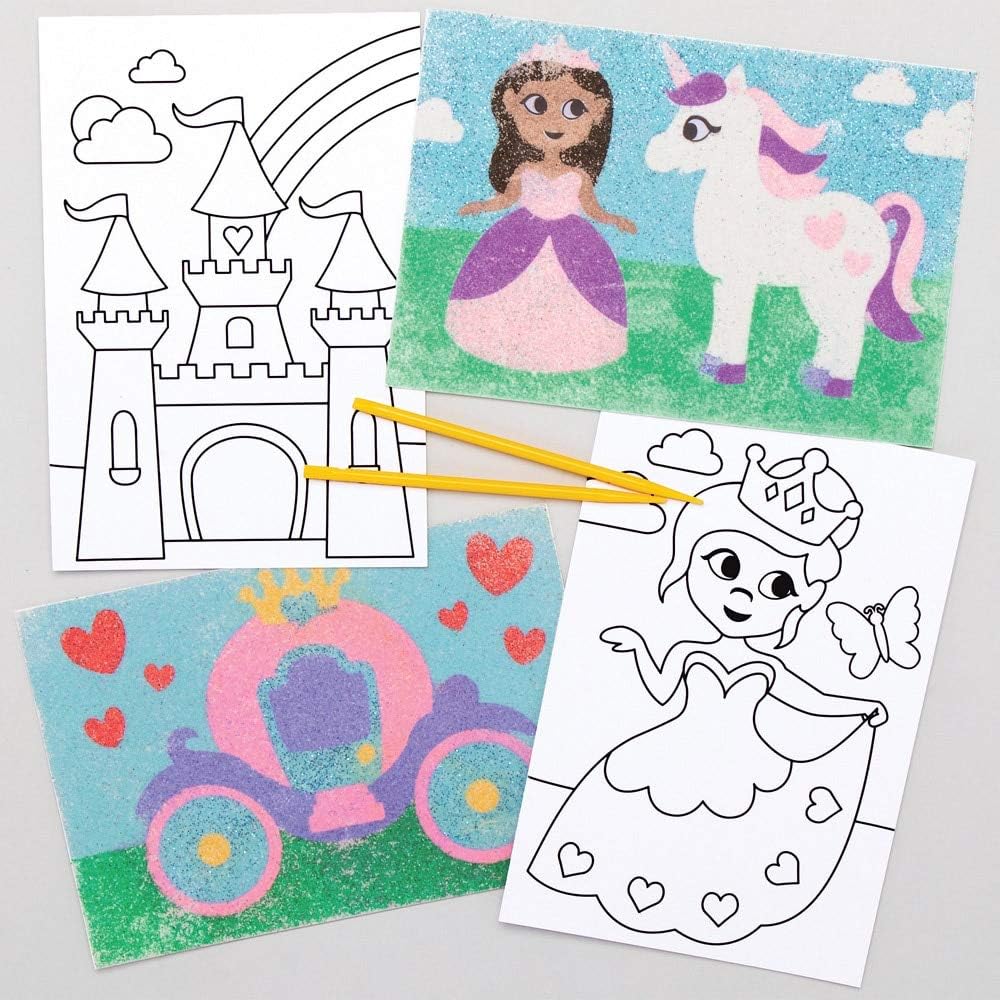 Baker Ross AX124 Princess Sand Art Pictures, Self Adhesive Pre-Designed Images for Childrens Glitter Art (8 Pack)