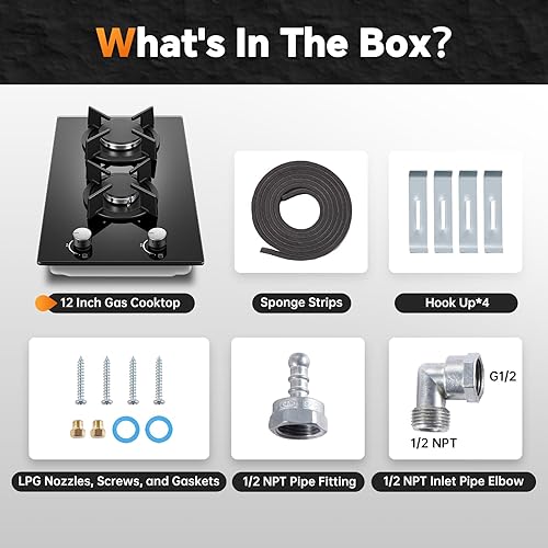 Miniatura 7 de Estufa de gas de 2 quemadores, placa de propano de 12 pulgadas, estufa de gas integrada de vidrio templado negro con protección de termopar, placa