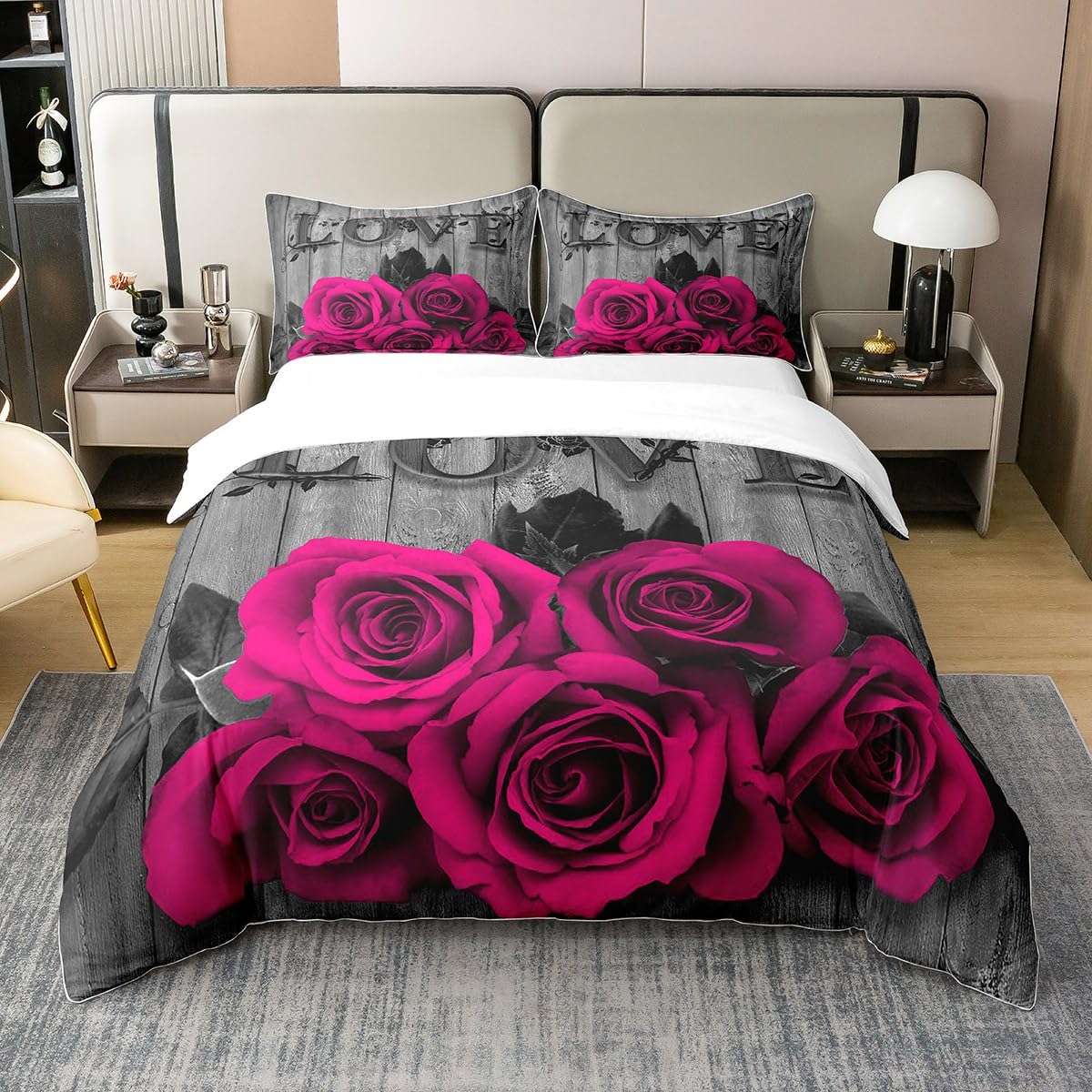 Hot Pink Rose Flowers 100% Cotton Duvet Cover King Retro Rustic Rose Floral Bedding Set Valentine'S Day Couple Comforter Cover for Girls Women,Romantic Blossom Bed Sets with 2 Pillowcases Black Grey