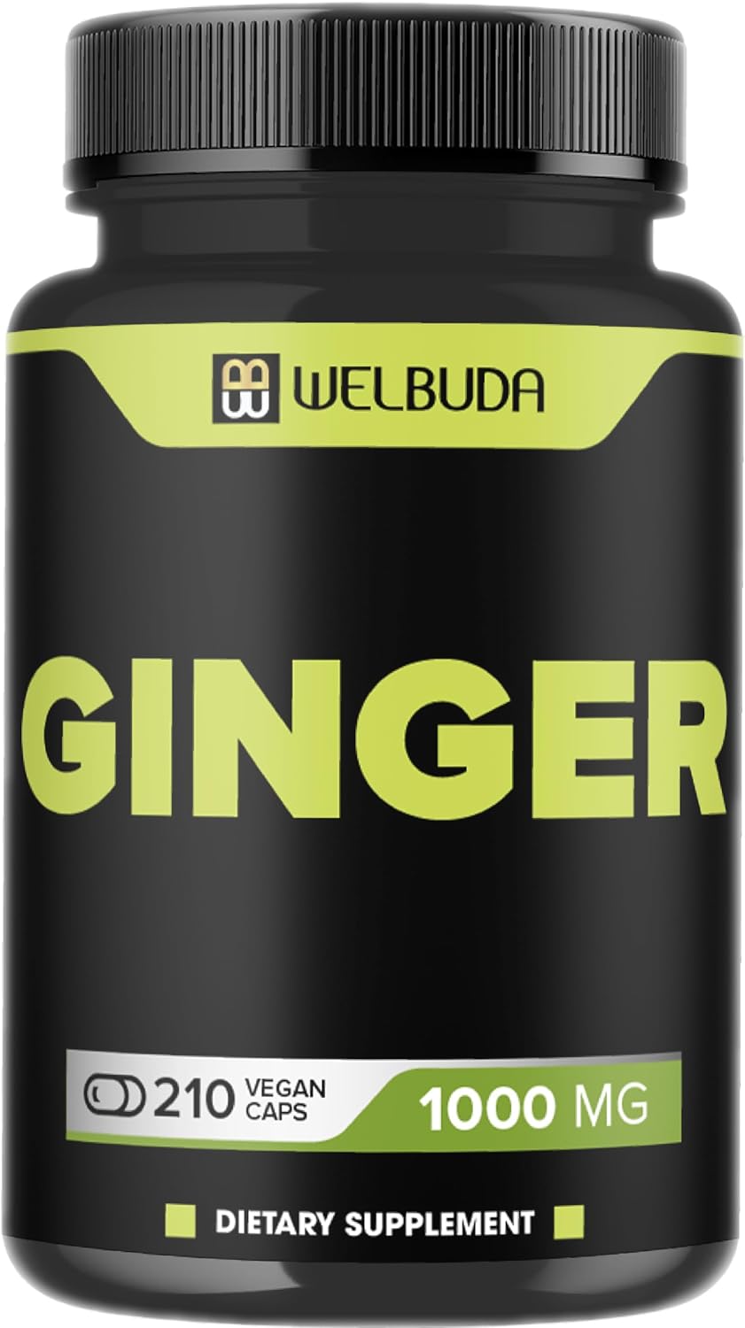 WELBUDA 1000mg Ginger Supplements Capsules with Berberine HCl, Elderberry, Echinacea & More - 11in1 Support Digestion, Joint Health, Immune System, and Heart Health - 210 Ginger Pills