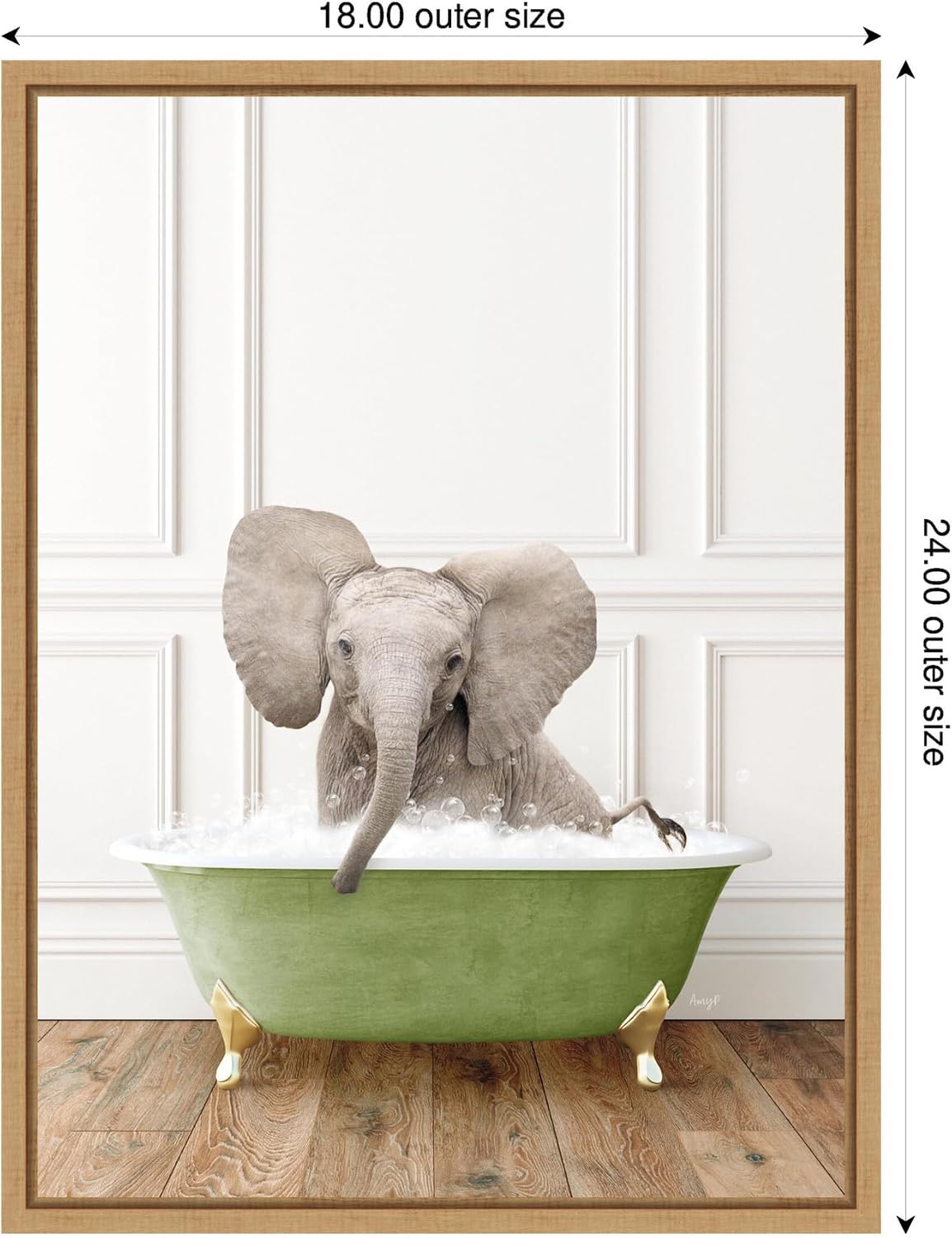 Kate and Laurel Baby Elephant 4 in Transitional Bathtub Framed Canvas Wall Art by Amy Peterson 18 x 24 Sylvie Natural, Whimsical, Animals, Bathroom Art for Wall Decor, Living Room, Bedroom