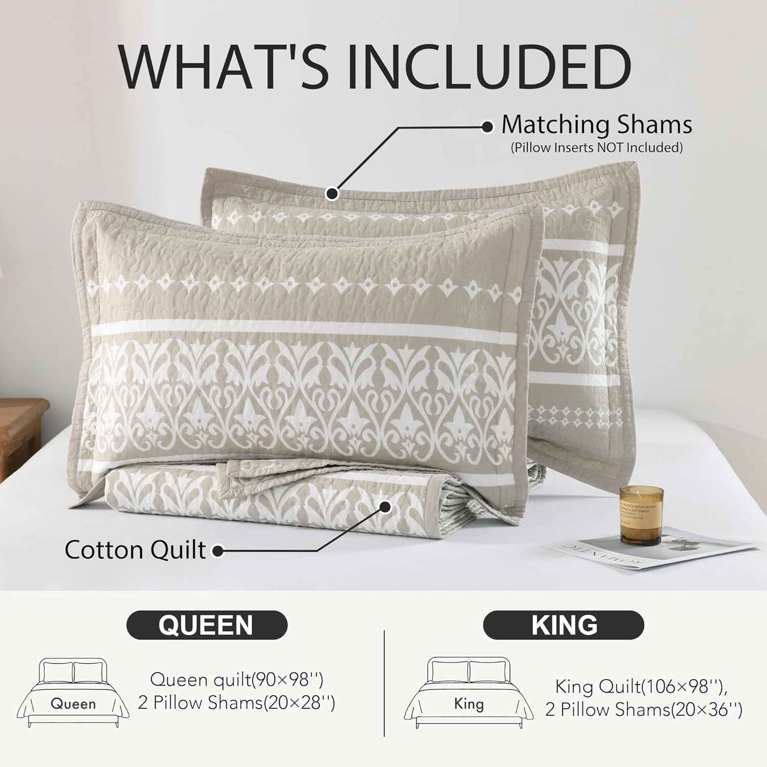 100% Cotton Quilt Set Queen Size - Beige and White Boho Quilt Bedding Set - Bohemian Striped Quilt Set with 2 Shams - All-Season Lightweight Coverlet & Bedspread 3 Piece | Soft & Breathable, Boho Decor