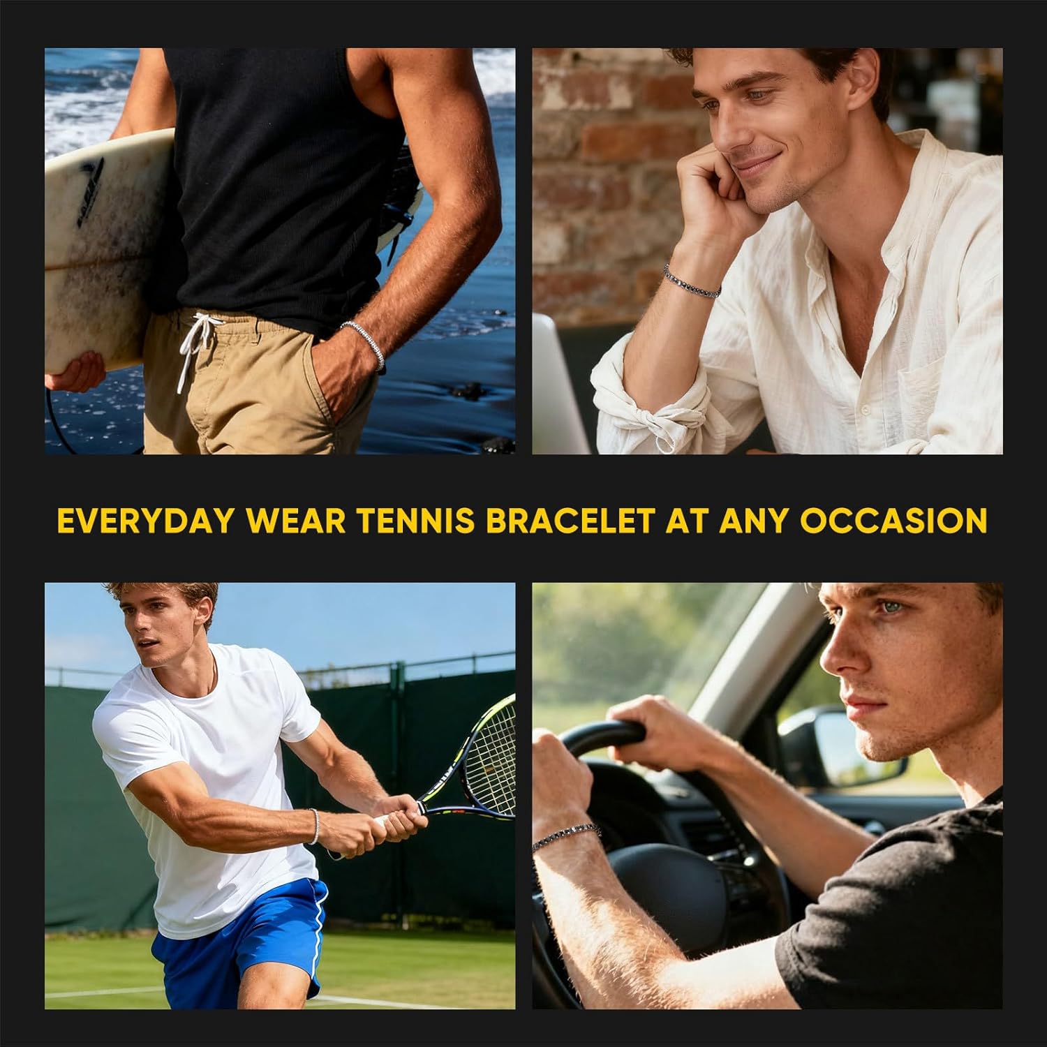 Men's Cubic Zirconia Tennis Bracelet : Sparkling 5A Diamond-liked Link Chain Bracelets,Adjustable Stainless Steel Handchain for Men,Stacked Iced Out Rhinestone Jewelry,Gift for Husband,Boyfriend