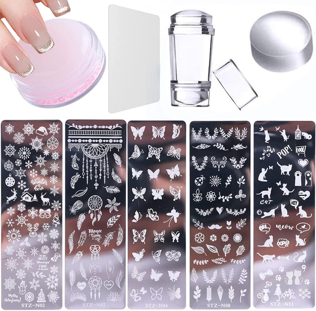 8 Pcs Nail Stamp Template Kit, with 1 Stamper 2 Clear Jelly Silicone Nail Stamper for DIY Nail Decor Easy French Style Nail Art Designs, Stencil Plates Set Manicure Supplies