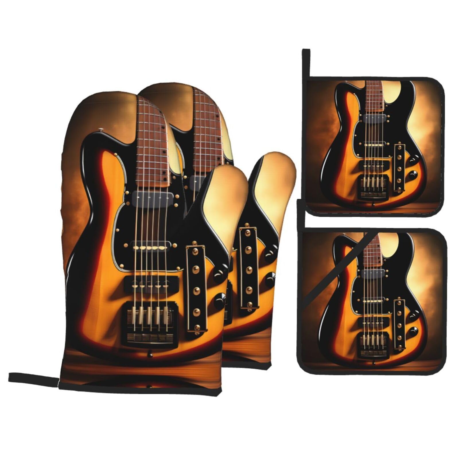 Hjfczh Black Kitchen Baking Gloves Pot Holder Instrumental Guitar Prints Thickened Practical Anti-Scalding Heat Insulation For Kitchen Baking