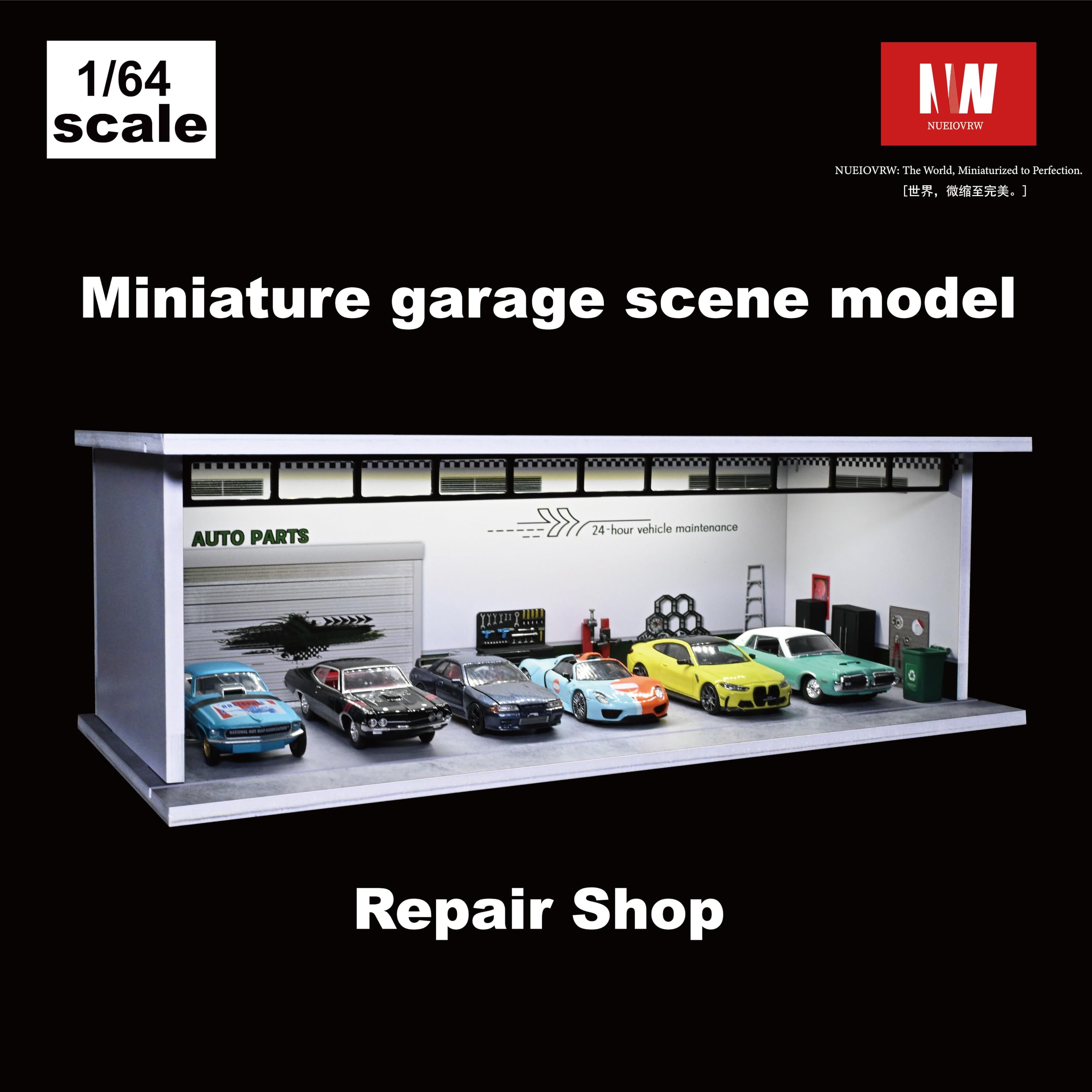 Modèle de garage diorama 1/64, avec éclairage LED, ville, salle d'exposition, scène de parking, échelle 1/64, boîtier d'affichage de garage pour modèle de scène de voiture, jouet idéal (Repair Shop)