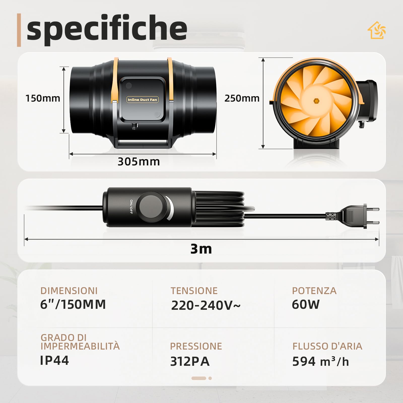 Ventola Aspirazione 150mm Regolabile, 594 m³/h Ventilatore Estrazione con Controllore di Velocità, Aspiratore Ventilazione per Tenda di Crescita, Idroponica da Serra, Garage, Seminterrato