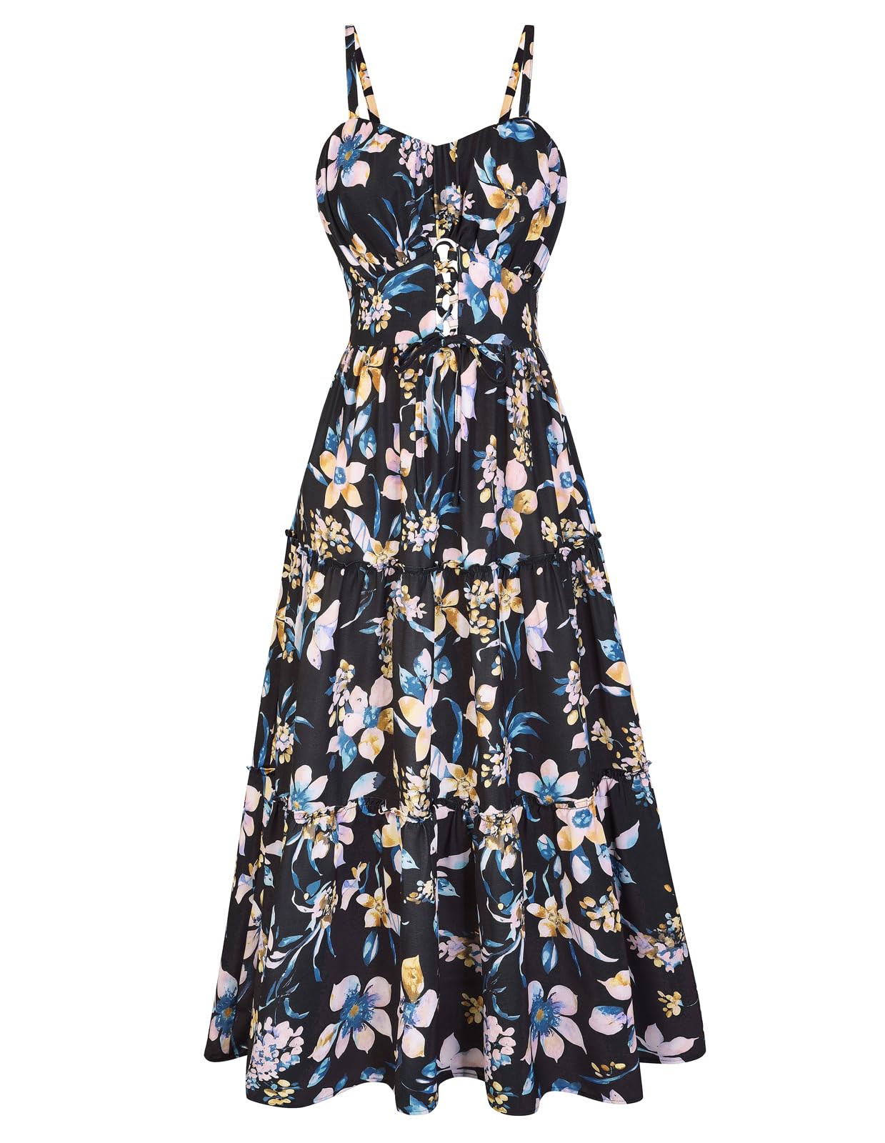 GRACE KARIN Women's 2026 Floral Corset Sundress Summer Milkmaid Spaghetti Vacation Dress Flowy Boho Floral Maxi Dresses with Pockets Black Yellow Floral M