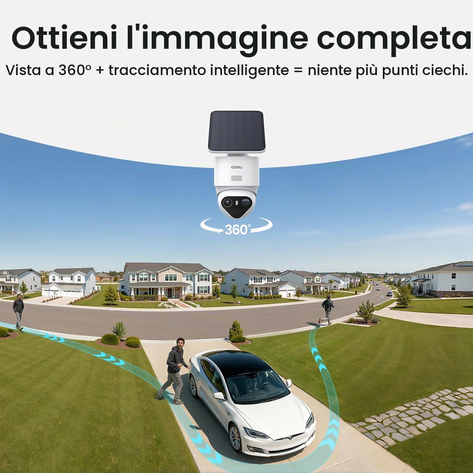 aosu T2 Ultra 4K Telecamera Esterno Senza Fili Solare 360° PTZ Truecolour | Kit 6 Telecamere y aosuBase 2.0, 32 GB Espandibile Fino a 1 TB, 2,4/5GHz, Auto-Tracking, Riconoscimento Persona/Veicolo/Pet