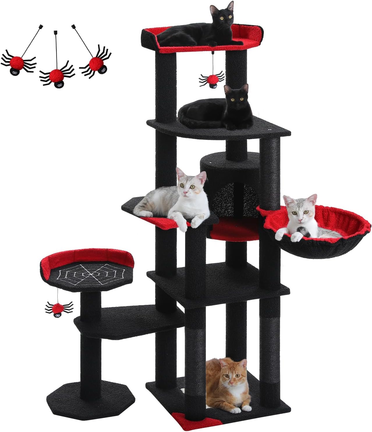 MUTTROS 59" Gothic Cat Tree with Coffin Bed-Black Cat Tower for Indoor Cats with Spacious Cat Condo & Cozy Hammock, Spider Hanging Balls, Sisal Scratching Post and 2 Spooky Perches for Halloween
