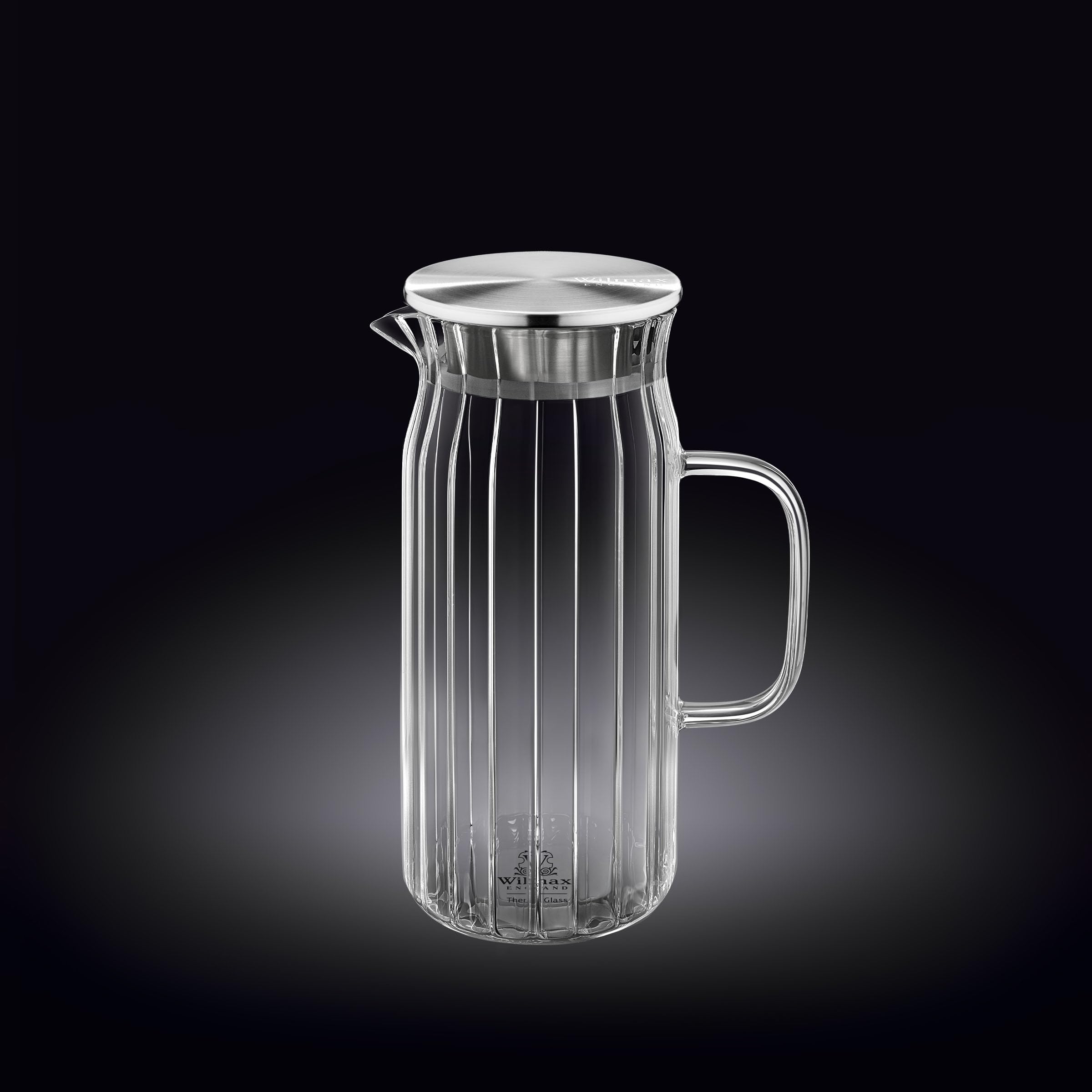 Wilmax - Caraffa in vetro da 1 l con 6 bicchieri da 250 ml in un set - Coperchio in acciaio inossidabile - Caraffa in vetro striato - Brocca per succhi, acqua, tè freddo, latte