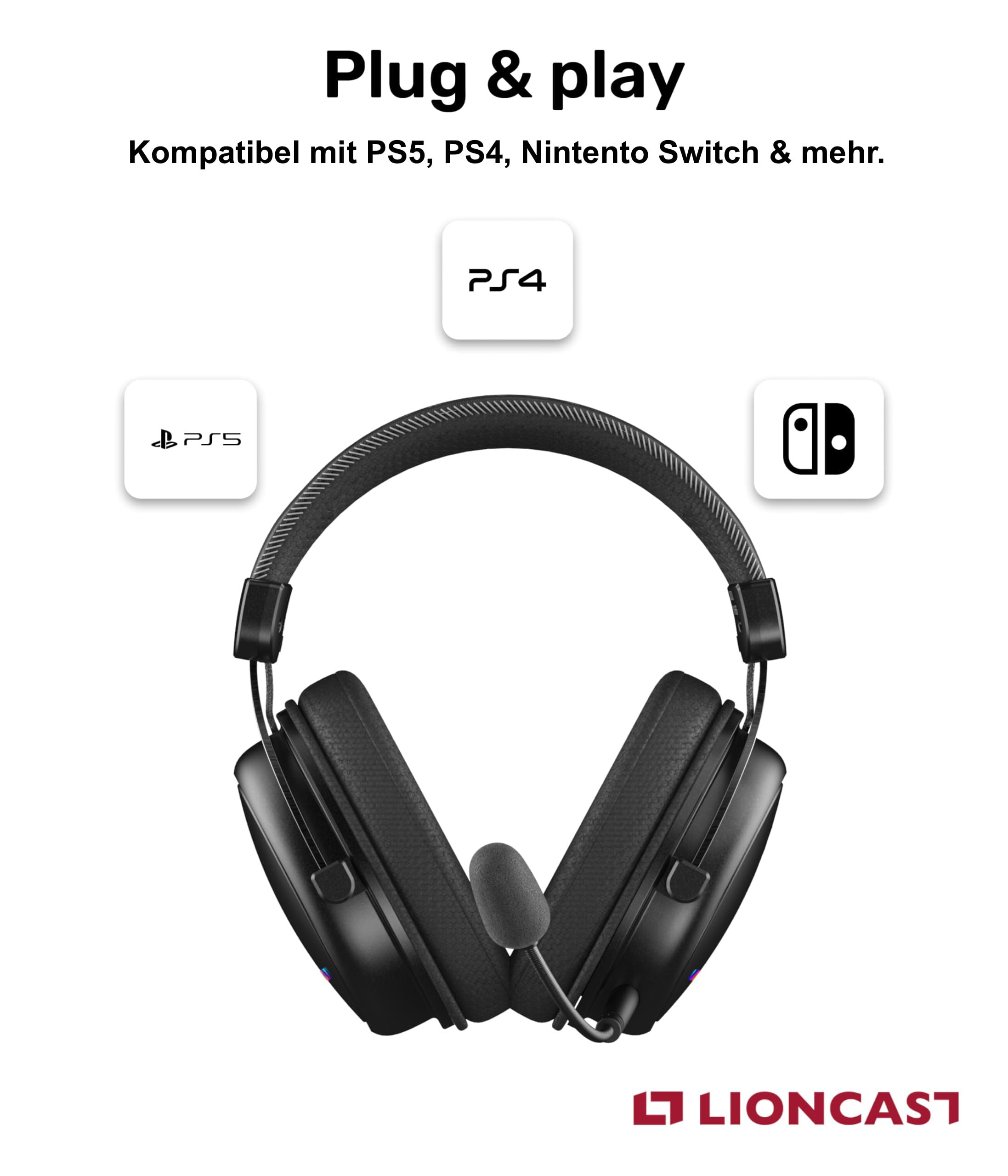 Lioncast LX80 - Cuffie da gioco con microfono wireless [batteria da 40 ore, compatibile con PS5, Nintendo Switch, Switch 2, Xbox - Gaming Headset PC - Cuffie senza fili Bluetooth