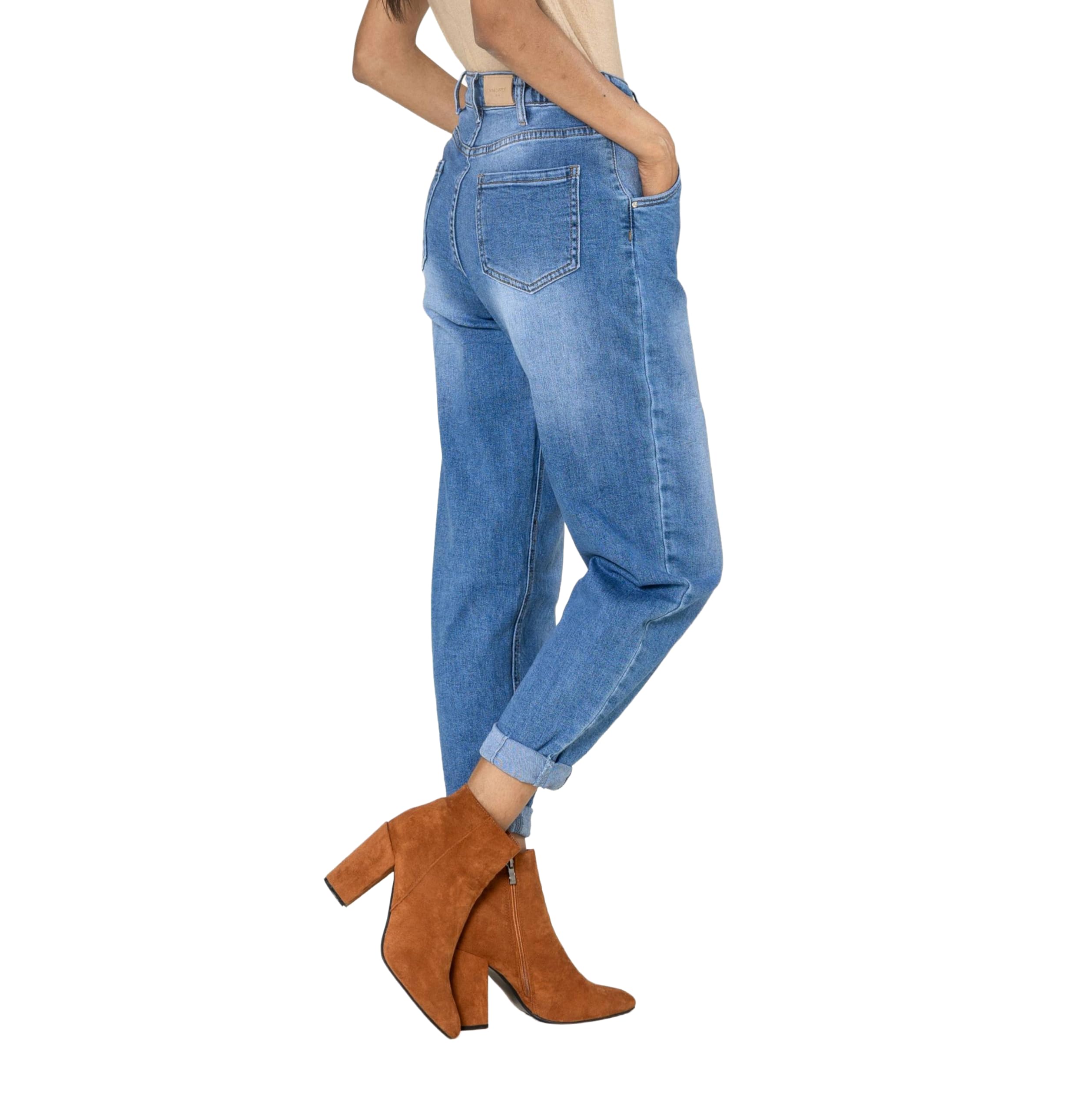 Nina Carter YY303 Pantalones vaqueros holgados de cintura alta para mujer, informales, de corte ancho, elásticos, aspecto desgastado