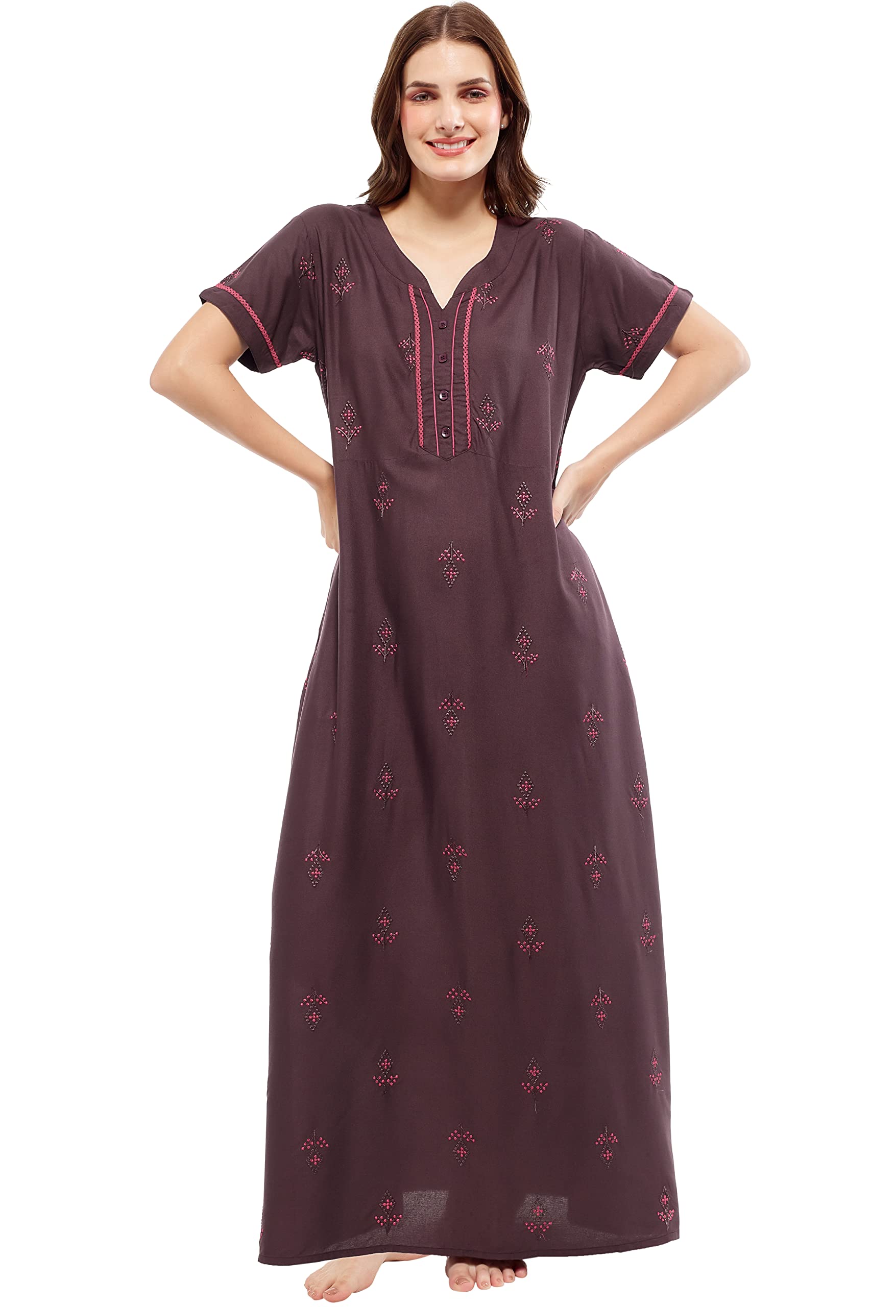 Women's Rayon Floral Embroidery Mid Thigh Length Nighty Night gown 5676-image-32