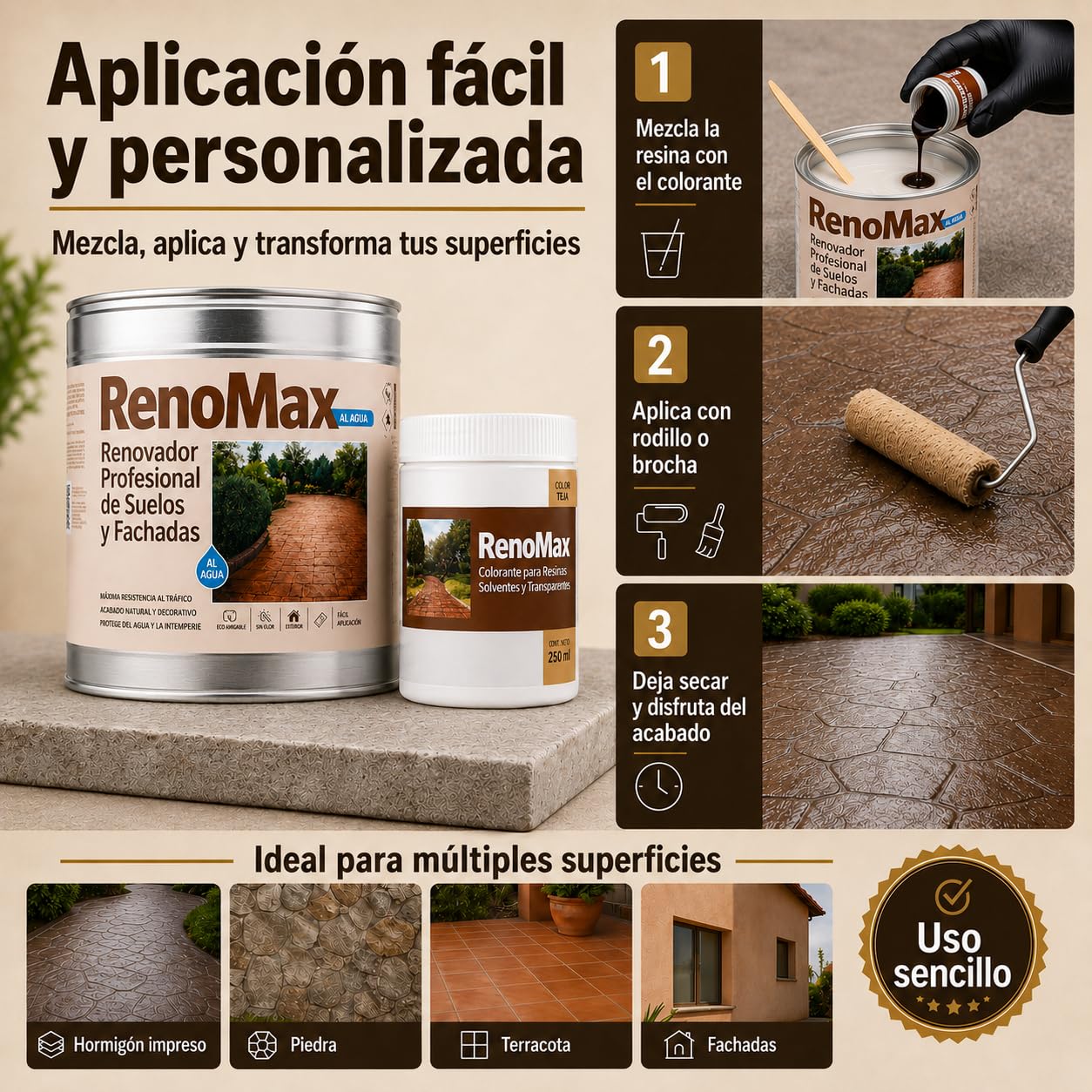 Renomax - Resina Hormigon Impreso y Superficies Porosas Al Agua + Tinte Hormigon Impreso Color Cemento, 5L Cubre hasta 50m² | Repara y Protege Suelos,Fachadas | Fácil de Aplicar, Garantía 5 Años