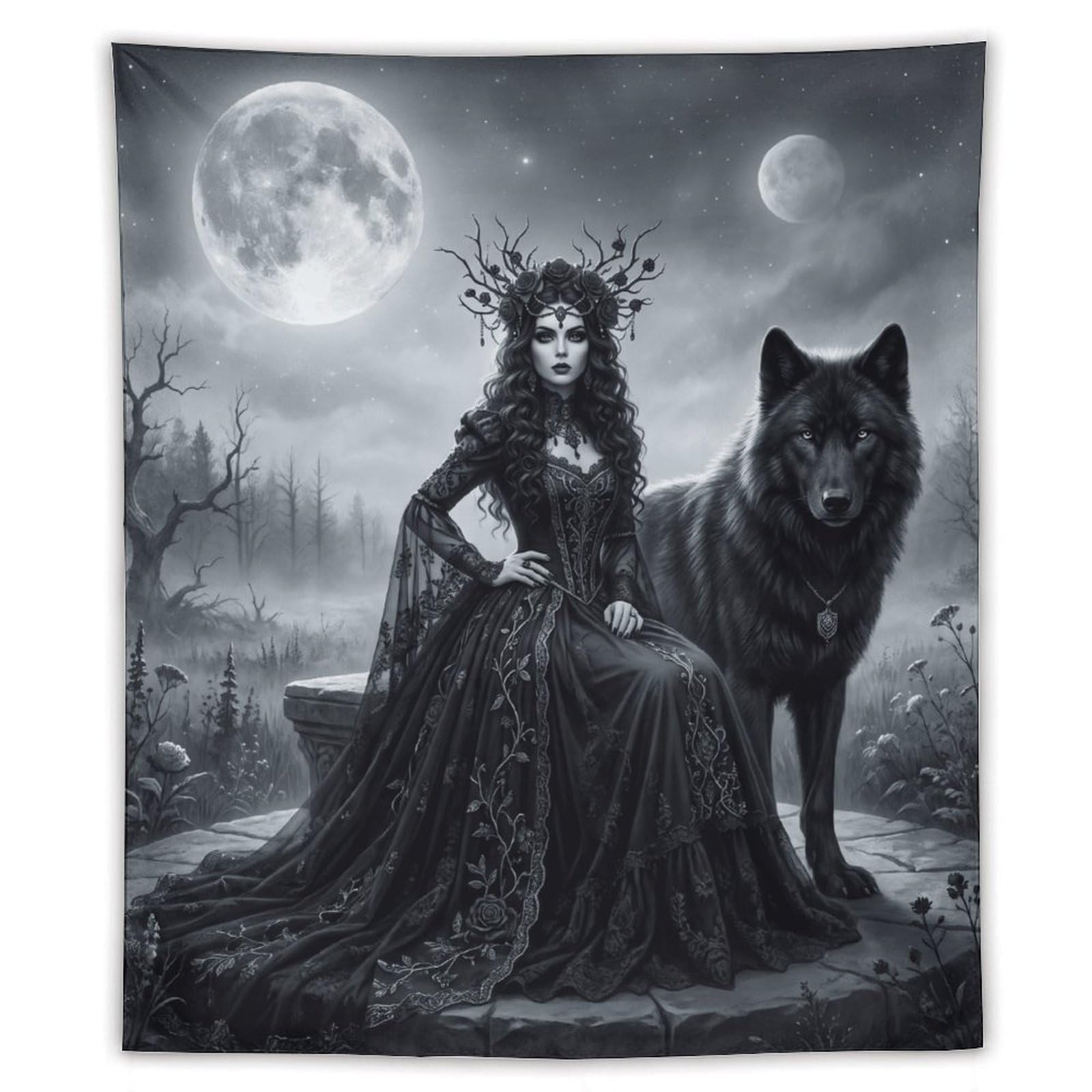 W7C8U2X3 Snowy Wolf Queen Wall Tapestry, Realistic Illustration, Apartment