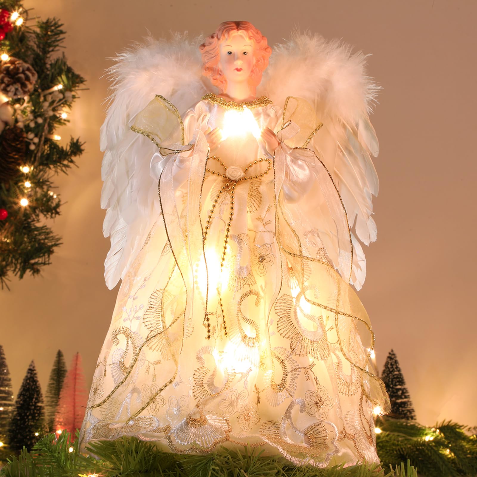 HMASYOChristmas Tree Topper Angel with Timer Lights, 12" Lighted Angel Tree Toppers with White Feather Wings and Star Light, Angel Tree Toppers Christmas Tree Top Decorations Xmas Gift
