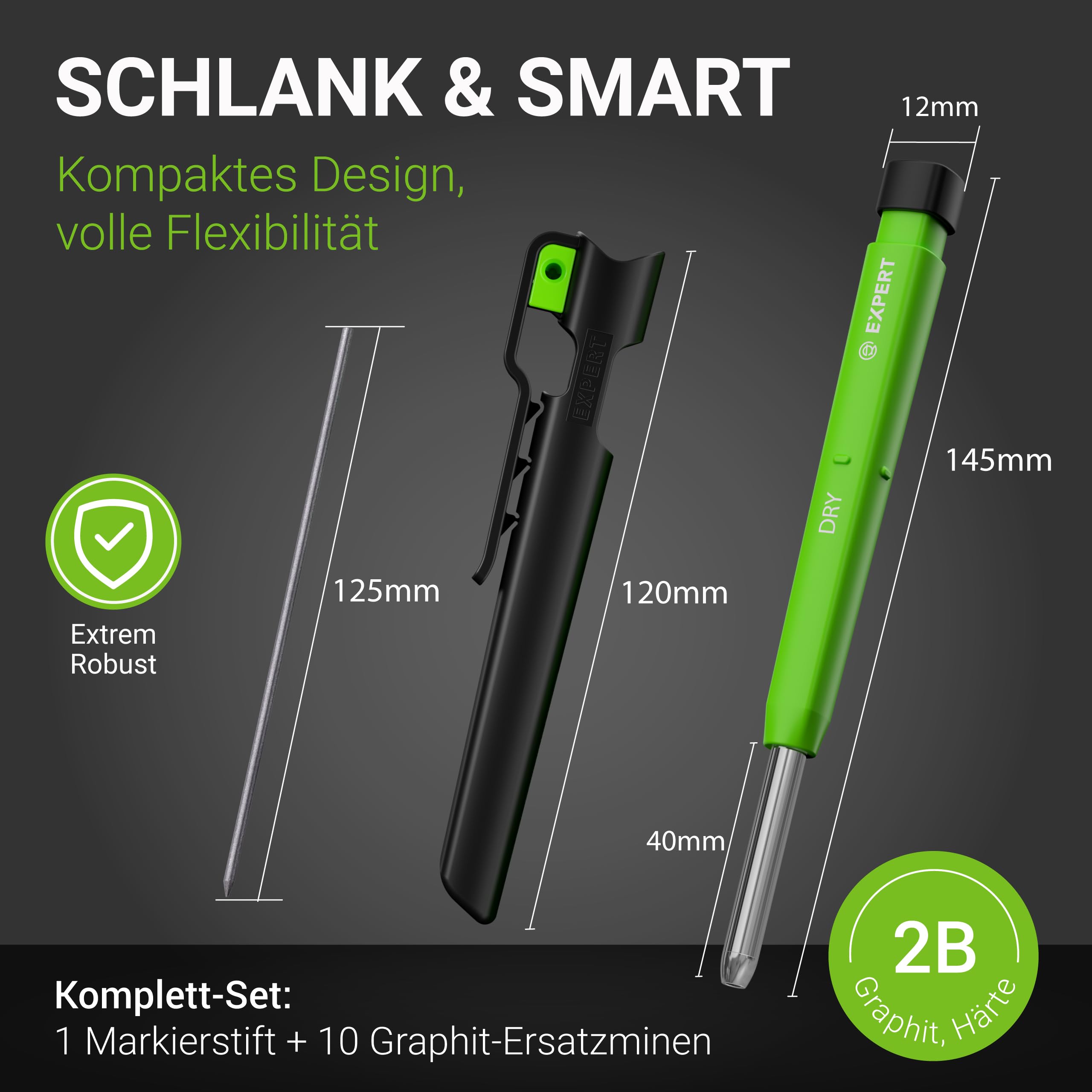 EXPERT DRY Zimmermannsbleistift inkl. 11 Minen | Mit integriertem Spitzer | Nachfüllbarer Tieflochmarker mit Graphit-Minen-Set | Handwerker Bleistift für Holz, Glas oder Metall | Bleistift Baustelle