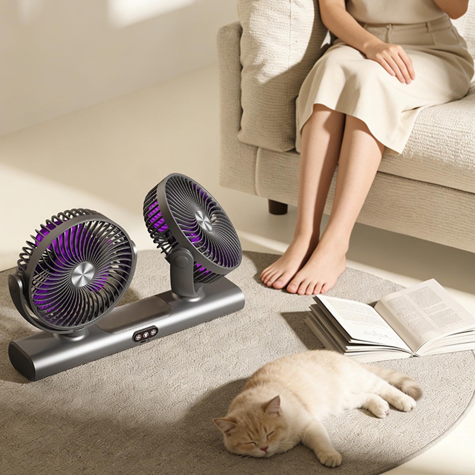 Ventilatore da parete Doppia Testa Ricaricabile Rotazione Multi-Angolo | Ventilatore Per Comodino Per Camera Da , Dormitorio, Casa, Campeggio, Tenda
