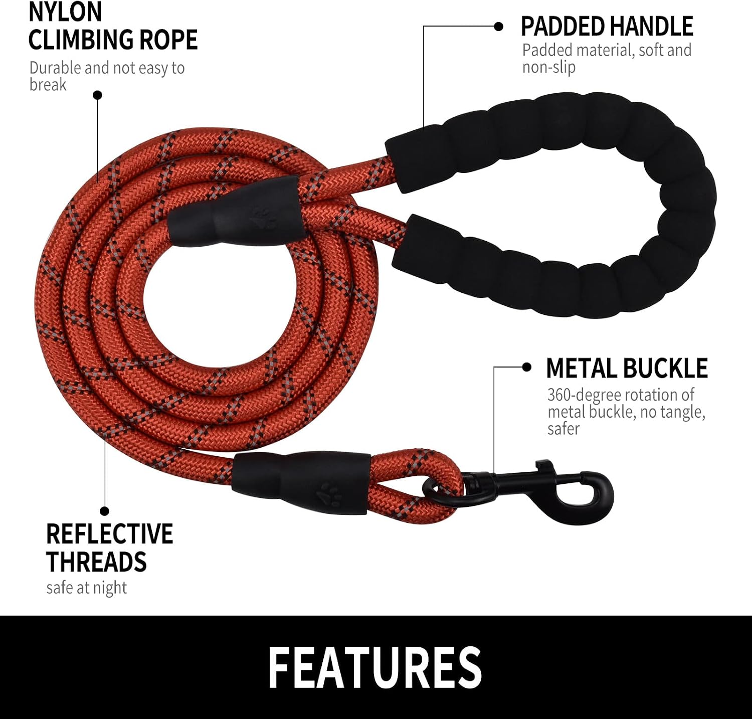 Panykoo 5/6 FT Strong Pet Dog Leash with Highly Reflective Threads,360-Degree No Tangles and Comfortable Padded Handle,Suitable for Small,Medium and Large Dogs