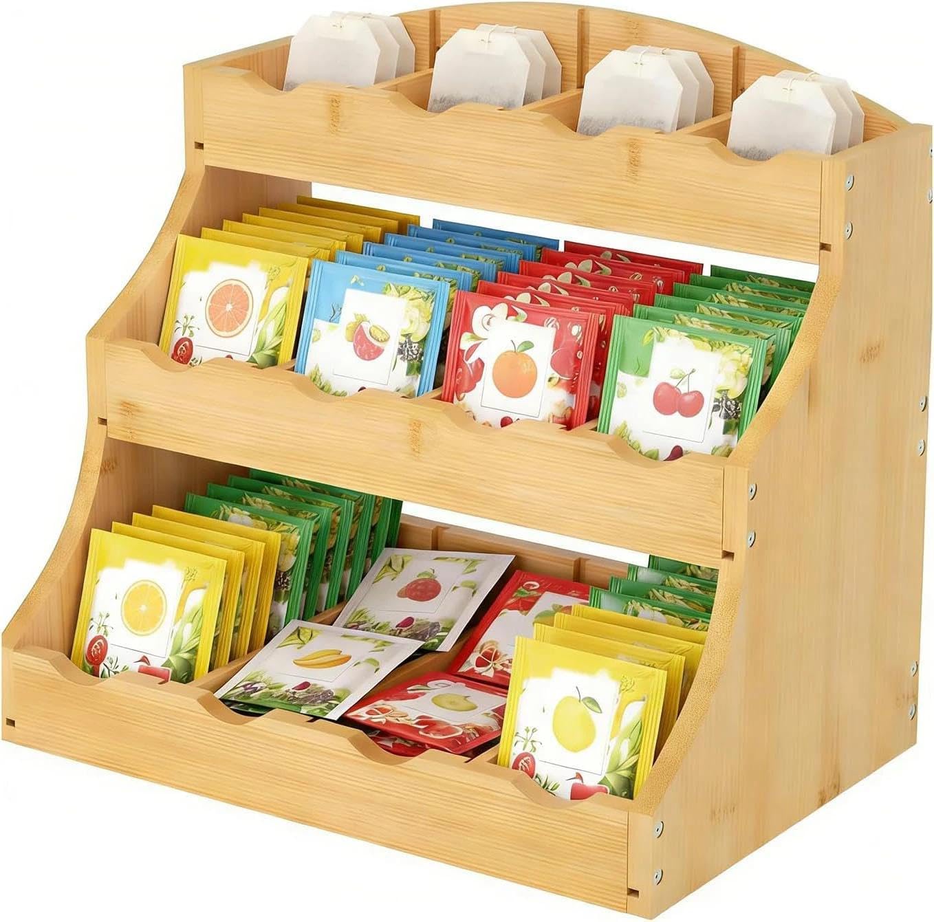 Organizer per bustine da tè, in bambù, rettangolare, in legno, con 12 scomparti, portaspezie, in piedi, per bustine di tè, per confezioni di zucchero, ufficio, cucina