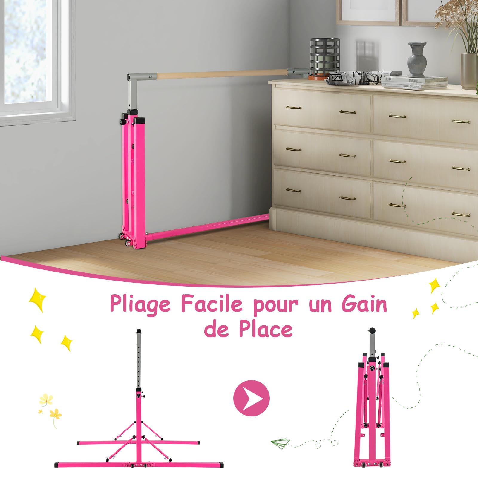 COSTWAY Barre de Gymnastique Pliable pour Enfants avec 13 Hauteurs Réglables (90-150cm), Barre d'Entraînement Extensible avec Structure Triangulaire, Charge 100kg pour Maison Salle de Gym