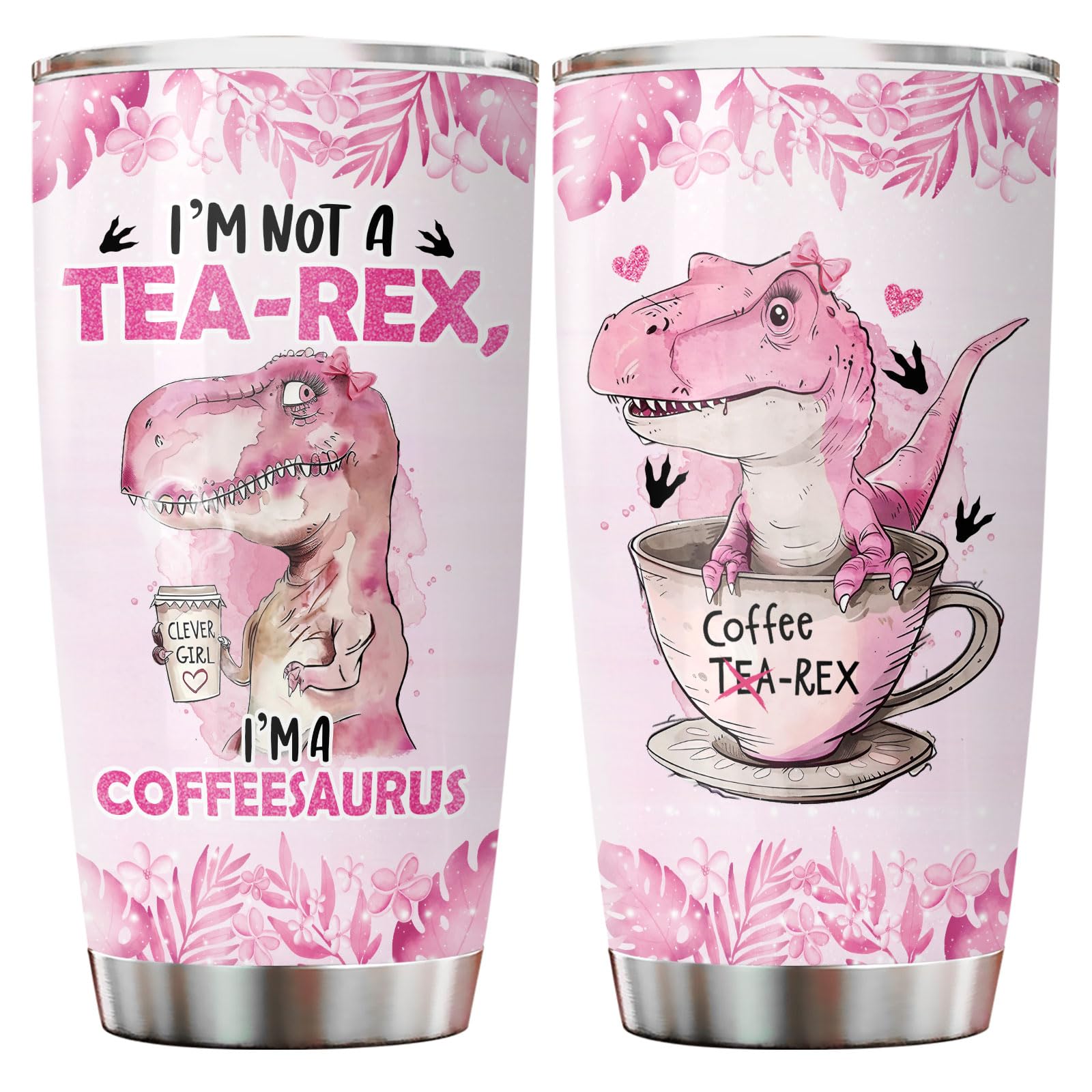 34HD Coffeesaurus Tumbler with Lid, 20 oz Stainless Steel Vacuum Insulated Tea Rex Coffee Mug, Birthday Gifts for Coffee Lover, Funny Dinosaur Gifts for Women Friend Teacher Sister