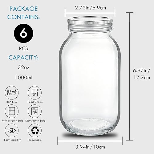 Miniatura 3 de YEBODA Tarros de conservas de 32 onzas con tapas herméticas y bandas, paquete de 6 ideales para conservar, preparar comidas, avena durante la noche,