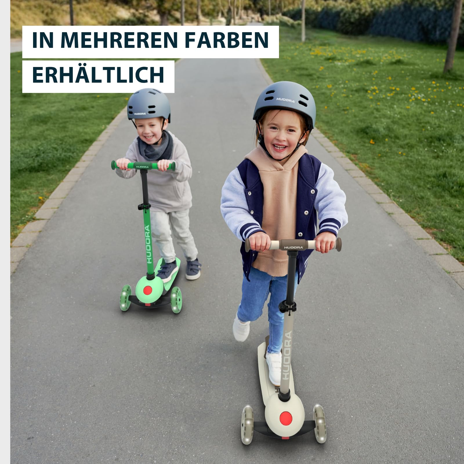 HUDORA Tri‑Scooter mit LED‑Rädern – 3‑Rad Scooter mit höhenverstellbarem Lenker – breitem Hinterrad, ABEC‑7 Kugellager, rutschfestem Deck & Hinterradbremse – Outdoor Tretroller für Kinder