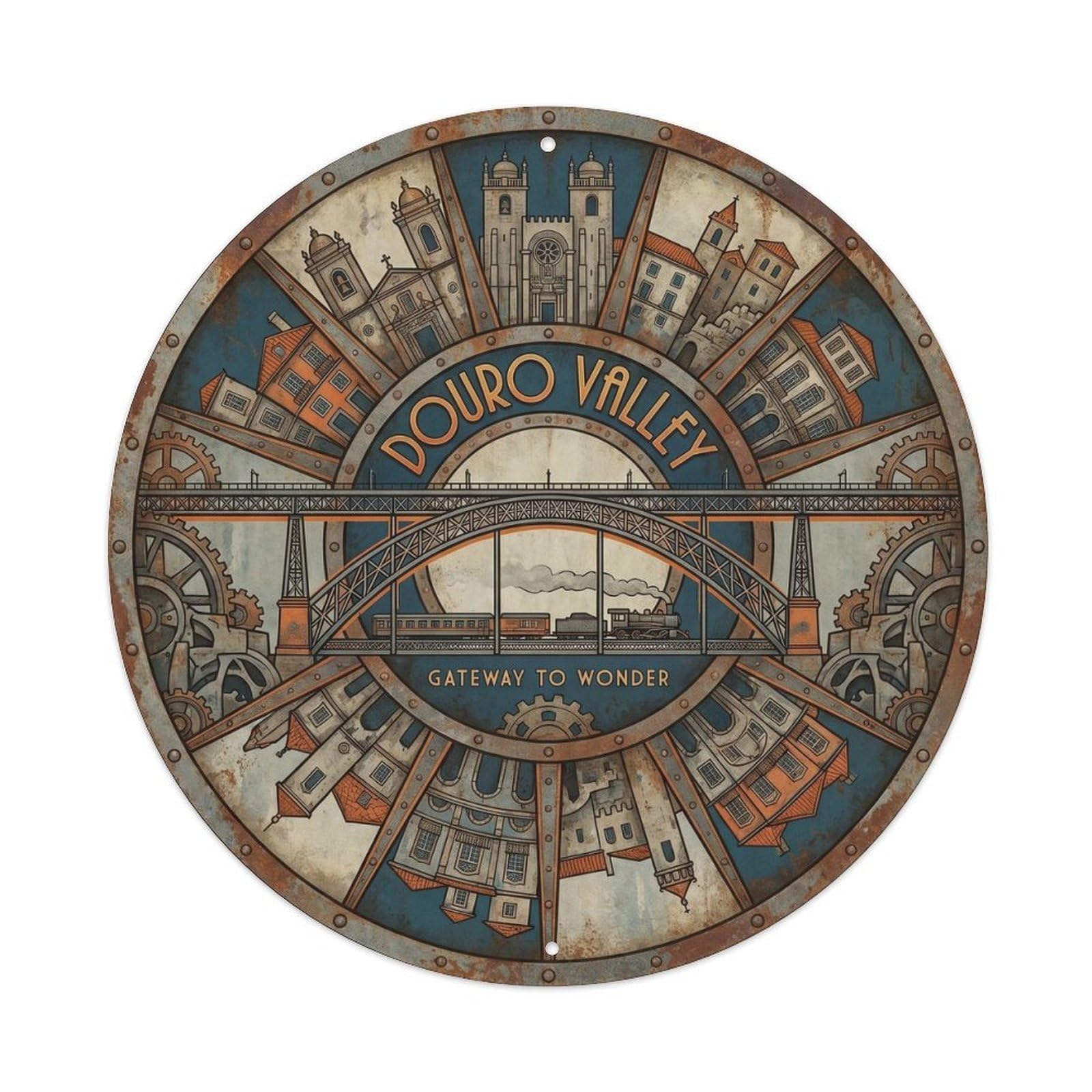Vintage Travel Bridge Portugal Vintage Metal Tin Sign Plaque Wall Decor for Cafe, Club, Garden Round Metal Poster 8x8Inch