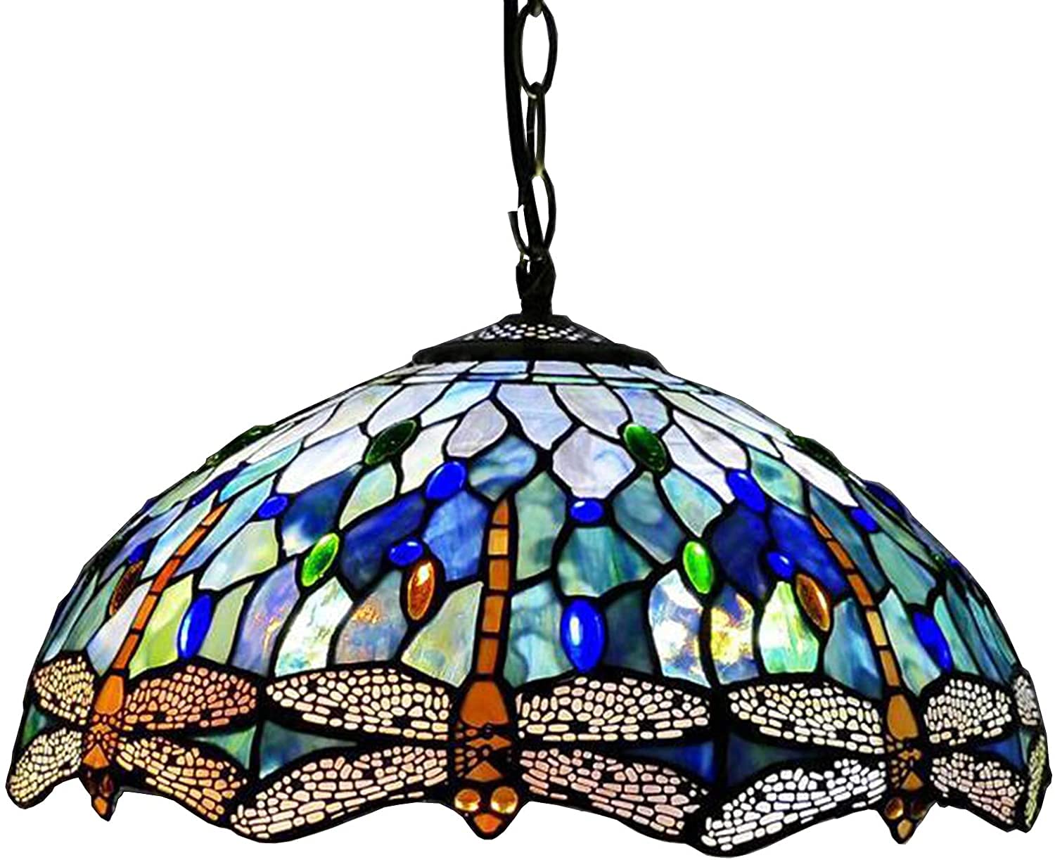 METTEOR 16 Inch Large Speckle Blue Dragonfly Tiffany Style Pendant Lighting For Living Room,Handmade Stained Glass Lampshade Chandelier,Retro Ceilin
