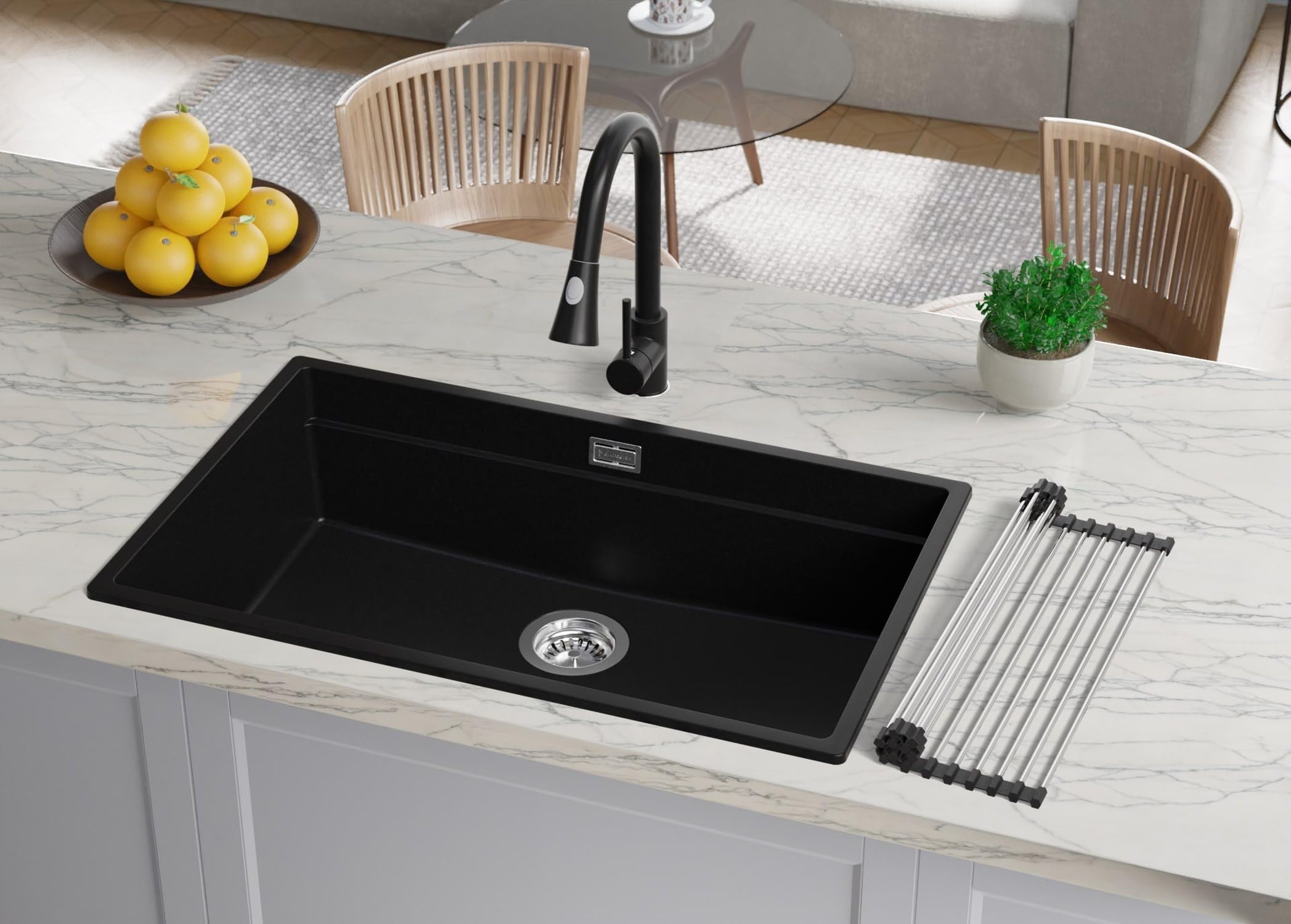 PRIMAGRAN Lavello da Cucina Tutto Nero 76x47cm, Lavandino in Granito a 1 vasca + Set di accessori, Lavabo da Cucina Incasso al Mobile 80cm - Prague Level Slim S547