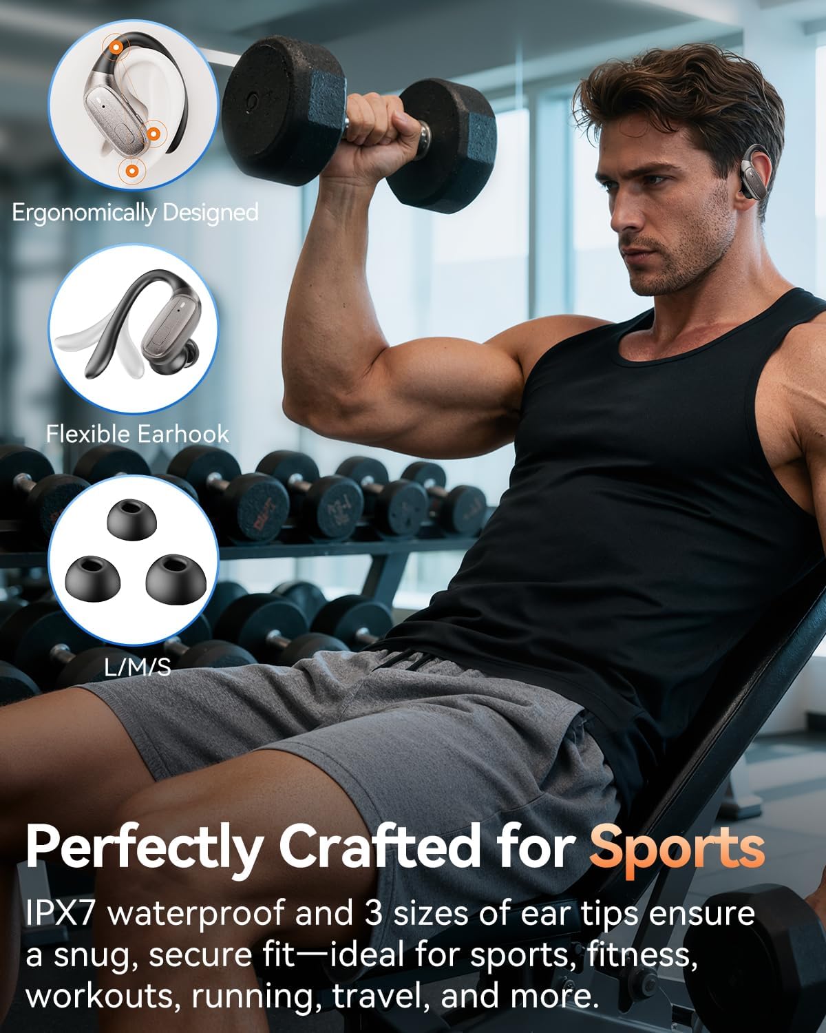 LEEMC Wireless Earbuds, Bluetooth Headphones 5.4, Ear Buds with Hooks for Sports, 80Hr Playtime Earphones, LED Display, IPX7 Waterproof Headset for Workout Running, Brown - Image 5