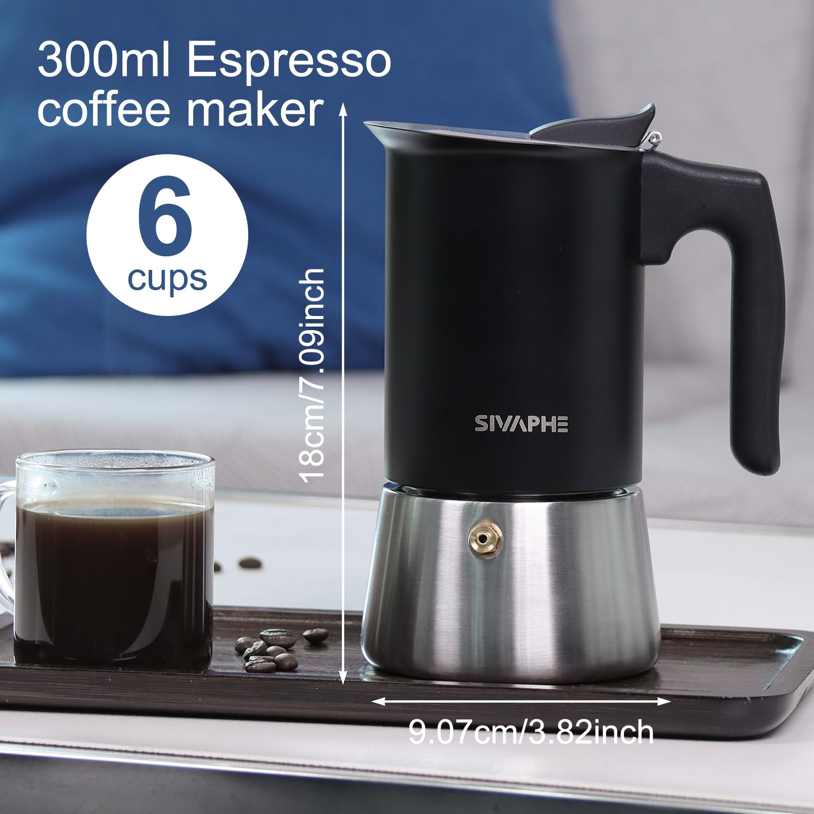 Sivaphe Cafetera de espresso de inducción, cocina de acero inoxidable, cafetera de espresso, cafetera moka, cafetera expreso sin aluminio, 6 tazas, 300 ml, color negro