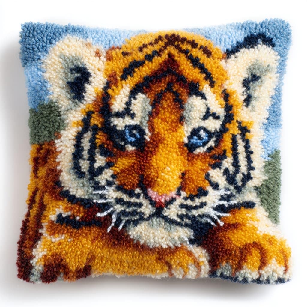 Taxpy DIY Latch Hook Kits, Animal Tiger Cushions Pillow Case Embroidery Carpet Set Needlework Crocheting Cushion Embroidery Set 43x43cm