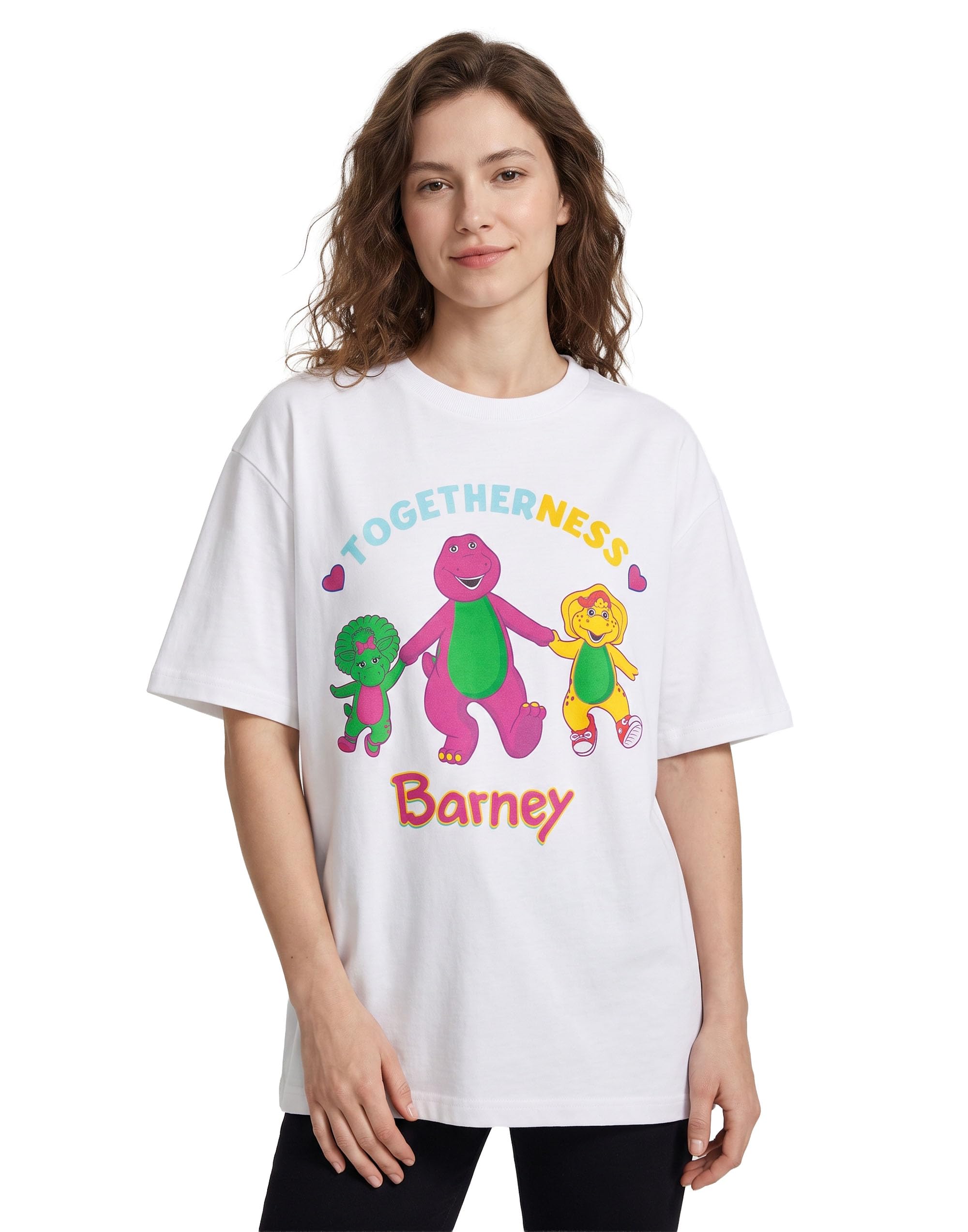 Barney Baby Bop B.J. Women's White Togetherness Short Sleeve Graphic Tee | Positive Message T-Shirt for Everyday Wear | Cartoon Theme Top | Family Fun Activity Merch - Medium