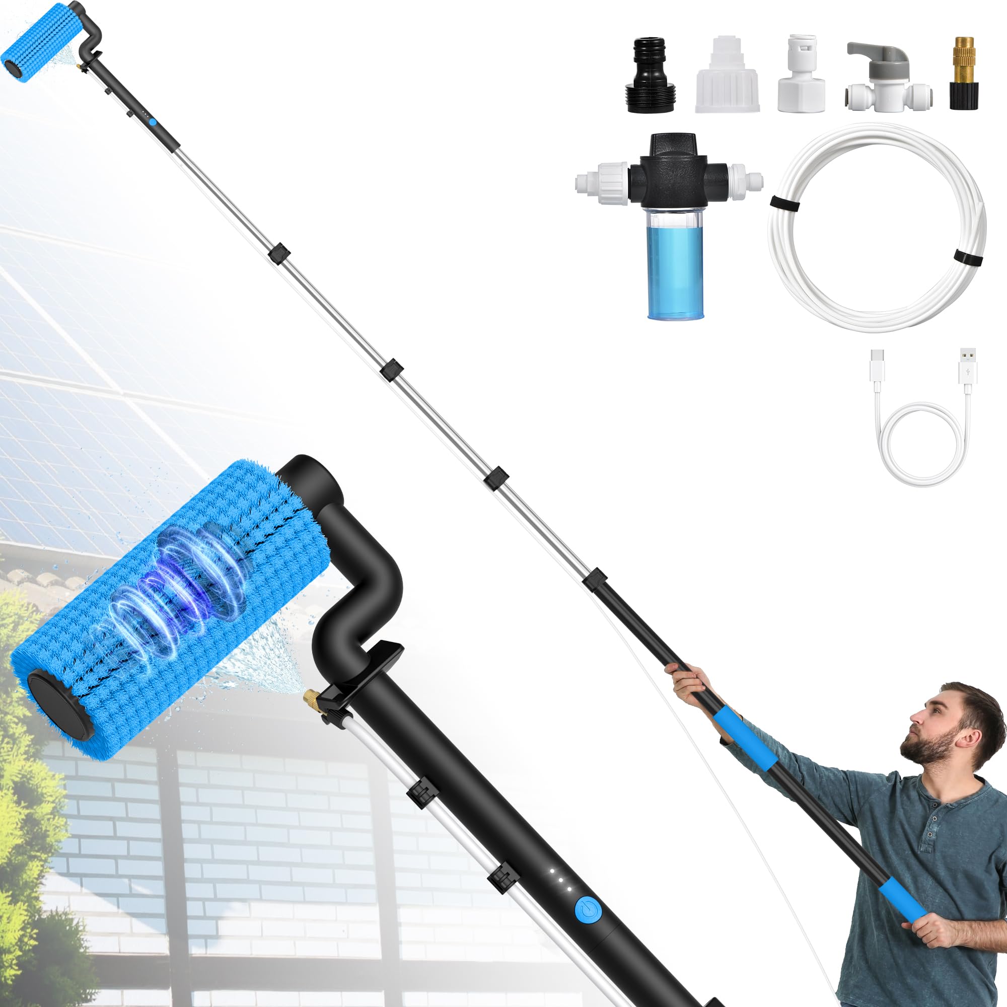 Electric Solar Panel Cleaning Brush, 20.34Ft, Soap Dispenser&amp;Water Fed Pole