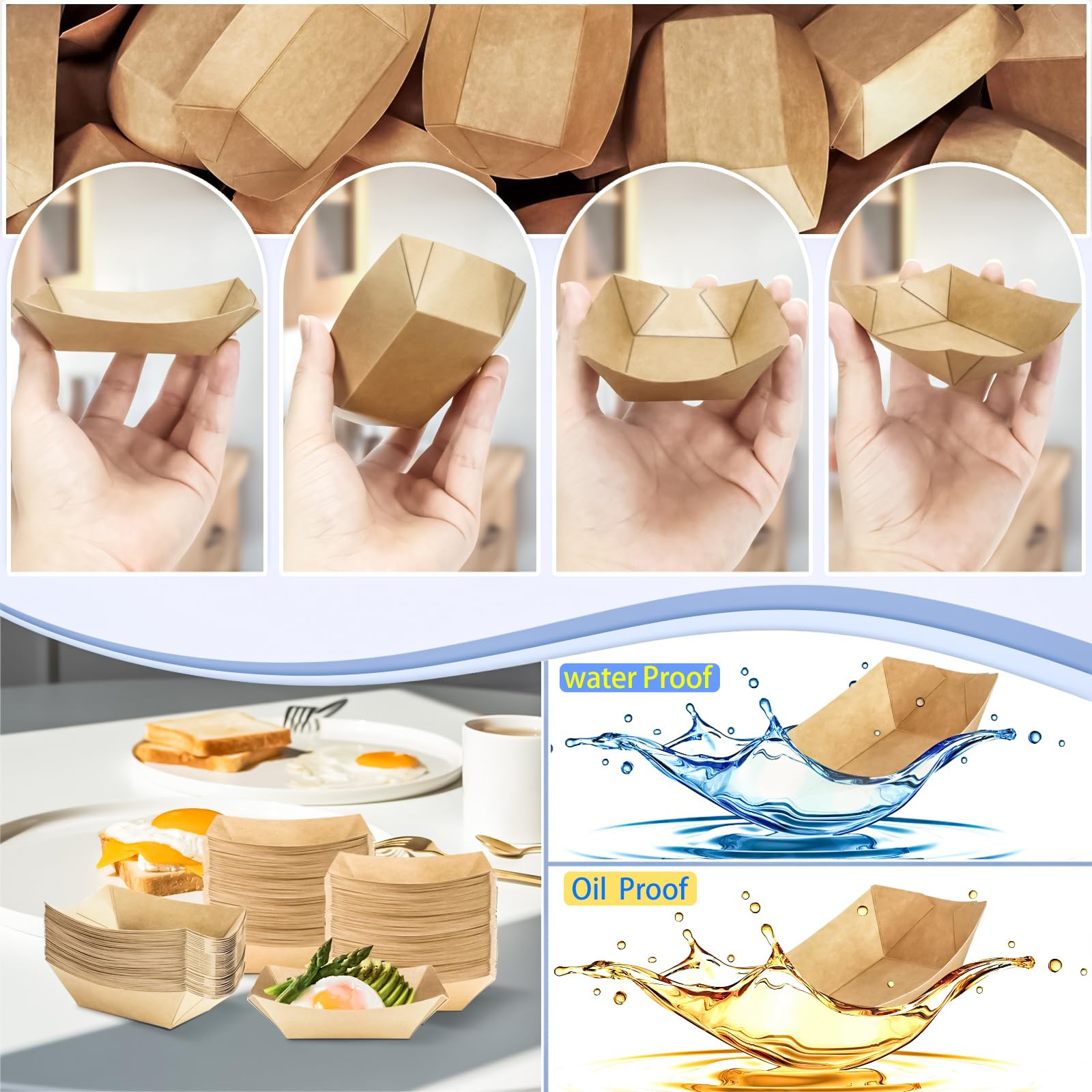 MotBach 200 Pack Small Paper Food Trays, 0.25 Lb Disposable Kraft Food Boats, Brown, Take Out Food Serving Trays, Grease Resistant Food Boat For Party Snacks Hot Dogs Tacos, 4.1 X 2.5 Inch (Brown