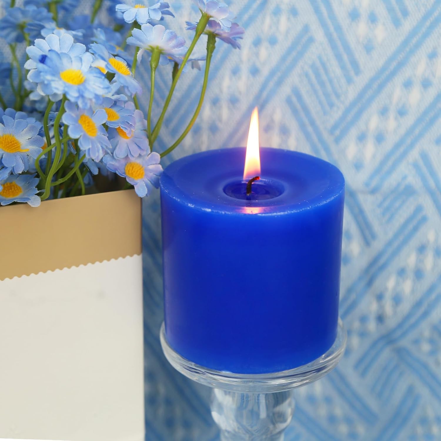 3 Pack Unscented Royal Blue Pillar Candles, 40 Hour 3x3 Inch Dripless Tapered Fat Column Cylinder Candles for Valentine's Day Home Party Holidays