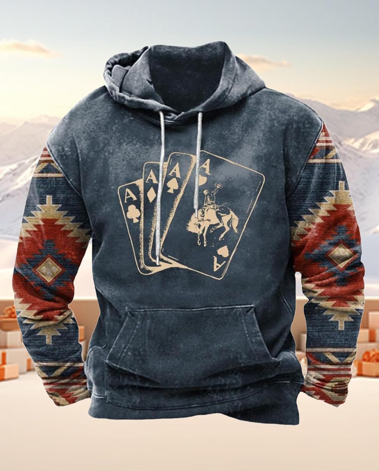 Western Hoodie for Men Aztec Cowboy Printed Drawstring Pullover Hooded Sweatshirt Mens Comfy Fleece Sweatshirt - Image 3