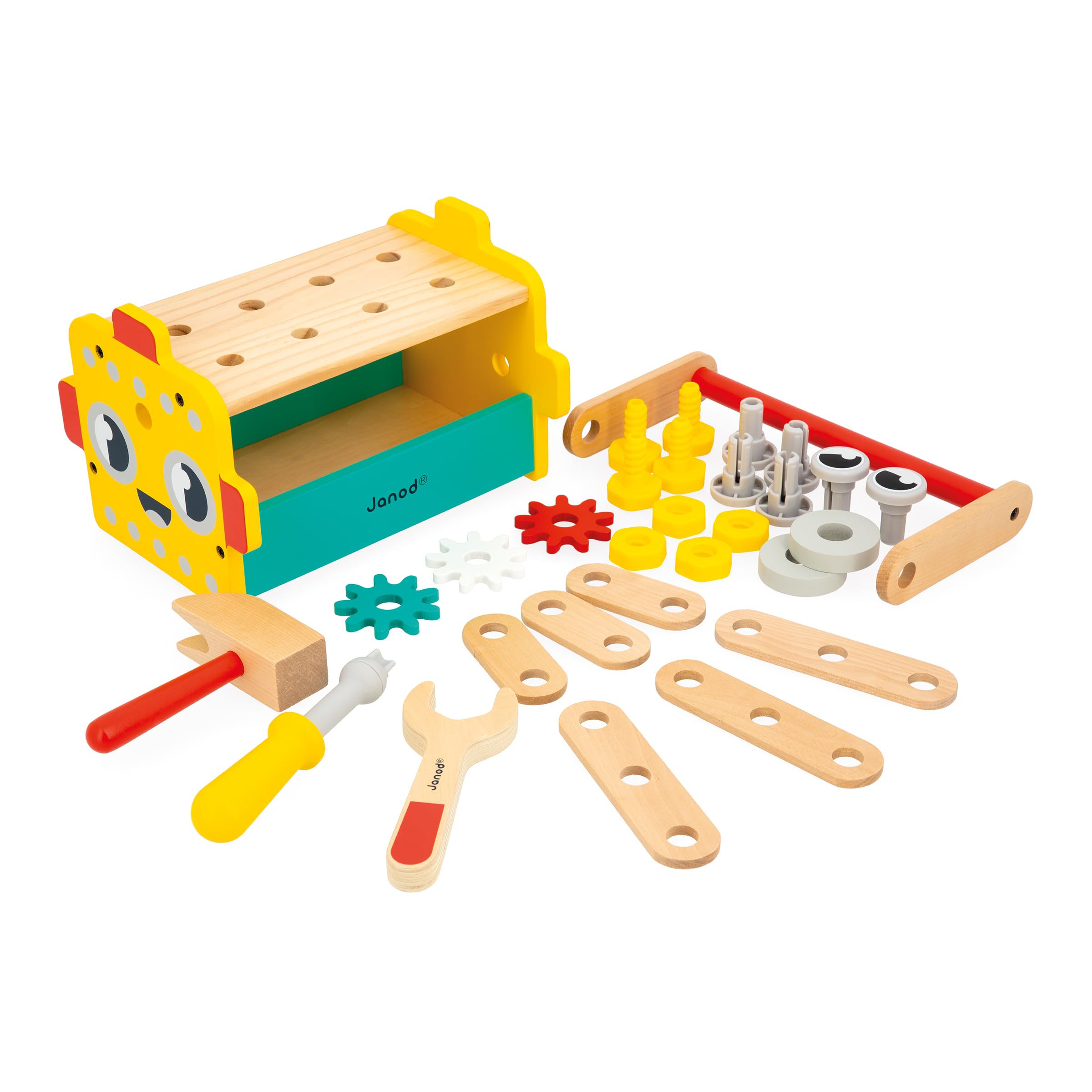 Janod - Mon Premier Jeu de Construction - Caisse à Outils Robot - 30 Accessoires - Imitation - Développe la Motricité Fine - 3 Ans + - J06455