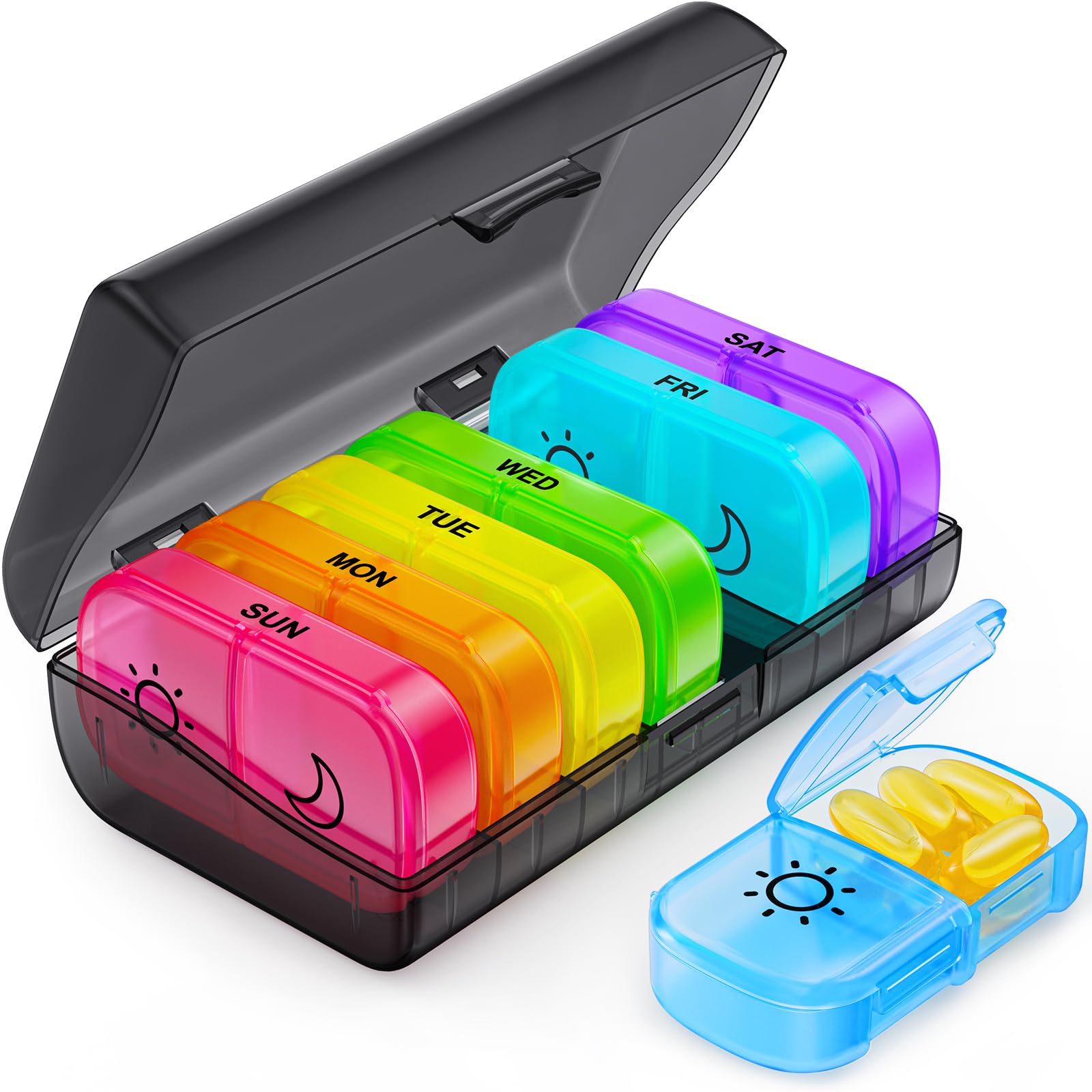 Weekly Pill Organizer 7 Day 2 Times a Day, FULLOT Pill Box & 7 Daily AM PM Pill Cases with Easy Retrieving and Refilling Design, Increased Capacity for Pills/Vitamin/Fish Oil/Supplements