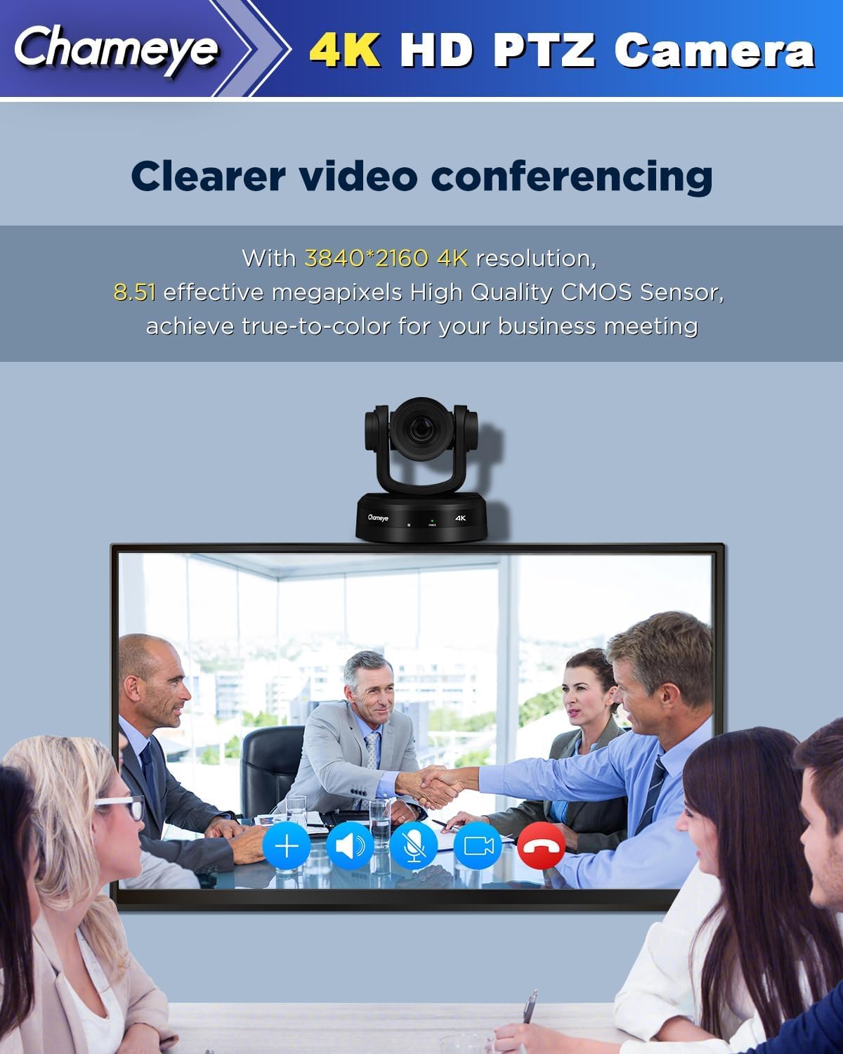 Chameye 4K PTZ Telecamera per Conferenze, con Tracciamento Automatico AI zoom ottico 10x, HDMI LAN(PoE), USB3.0, Plug & Play, 4K Telecamera Videoconferenza, YouTube OBS vMix Streaming, C410
