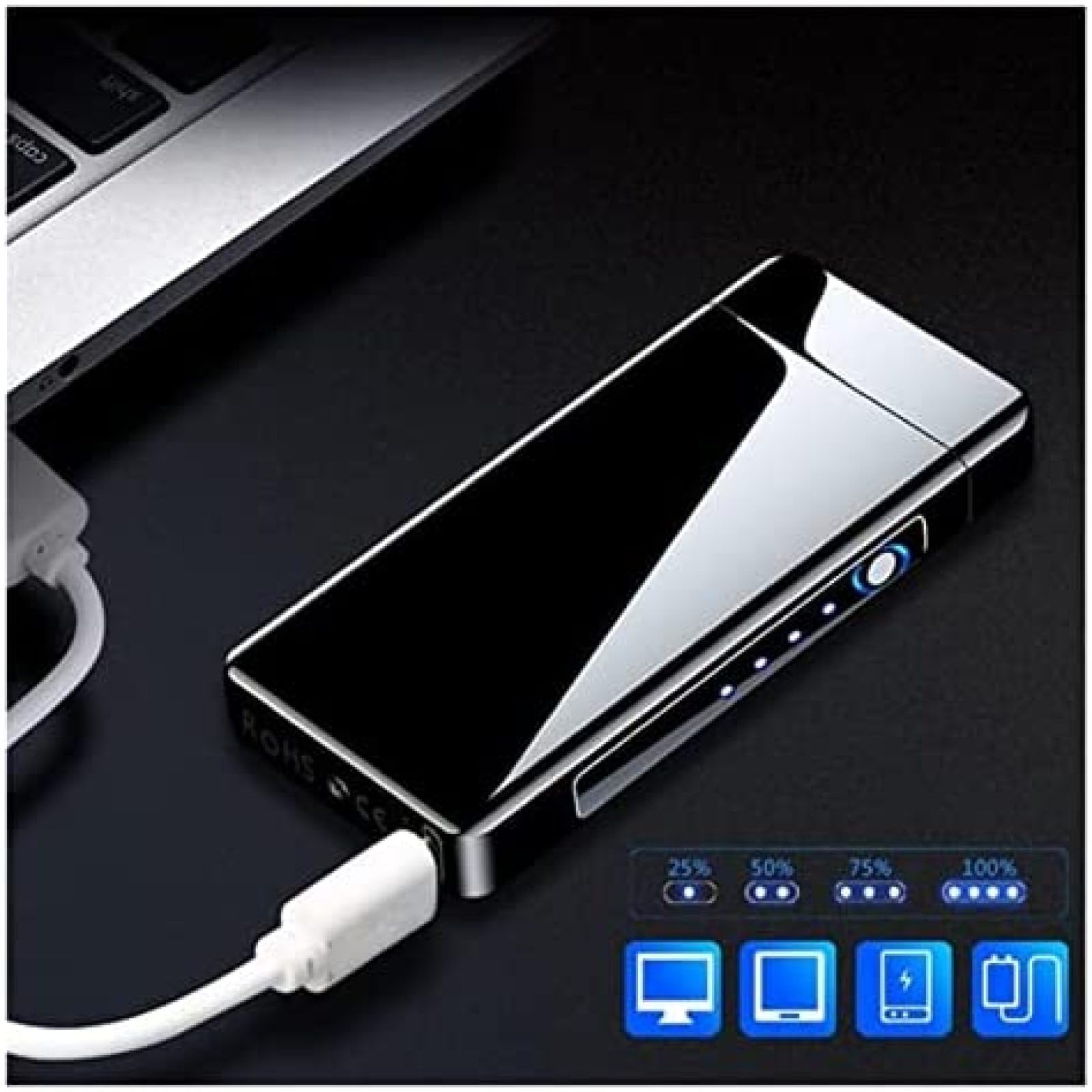 Elektrische aansteker, winddicht, plasma-vlam, lichtboog, oplaadbaar, USB met batterij-indicator (glanzend blauw Elektrische aansteker, winddicht, plasma-vlam, lichtboog, oplaadbaar, USB met batterij-indicator (glanzend blauw