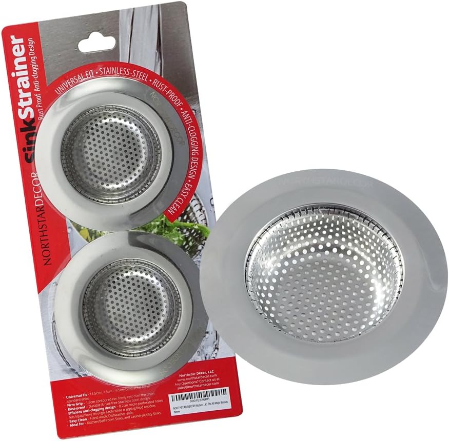 NORTHSTAR DECOR (2-Pack) Heavy Duty Stainless Steel Kitchen Sink Strainer. Large 4.5" Diameter. Strong Wide Rim. Durable Rust Free Premium Quality Stainless Steel Waste Filter. Fits Most Kitchen Sinks
