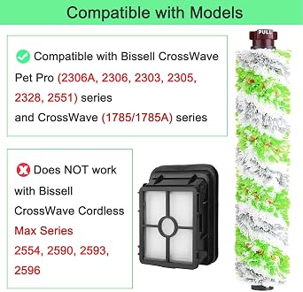 Bvhonwe 6 Pack Replacement Parts for bissell CrossWave Pet Pro 2306A & CrossWave 1785 Series 3888A Vacuum Cleaner, 3 Pack 2460 Brush Rolls,3 Pack 1866 Filters,Compare to Part 1613568&161-3568,1608684