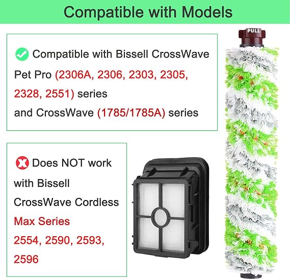 Bvhonwe 6 Pack Replacement Parts for bissell CrossWave Pet Pro 2306A & CrossWave 1785 Series 3888A Vacuum Cleaner, 3 Pack 2460 Brush Rolls,3 Pack 1866 Filters,Compare to Part 1613568&161-3568,1608684